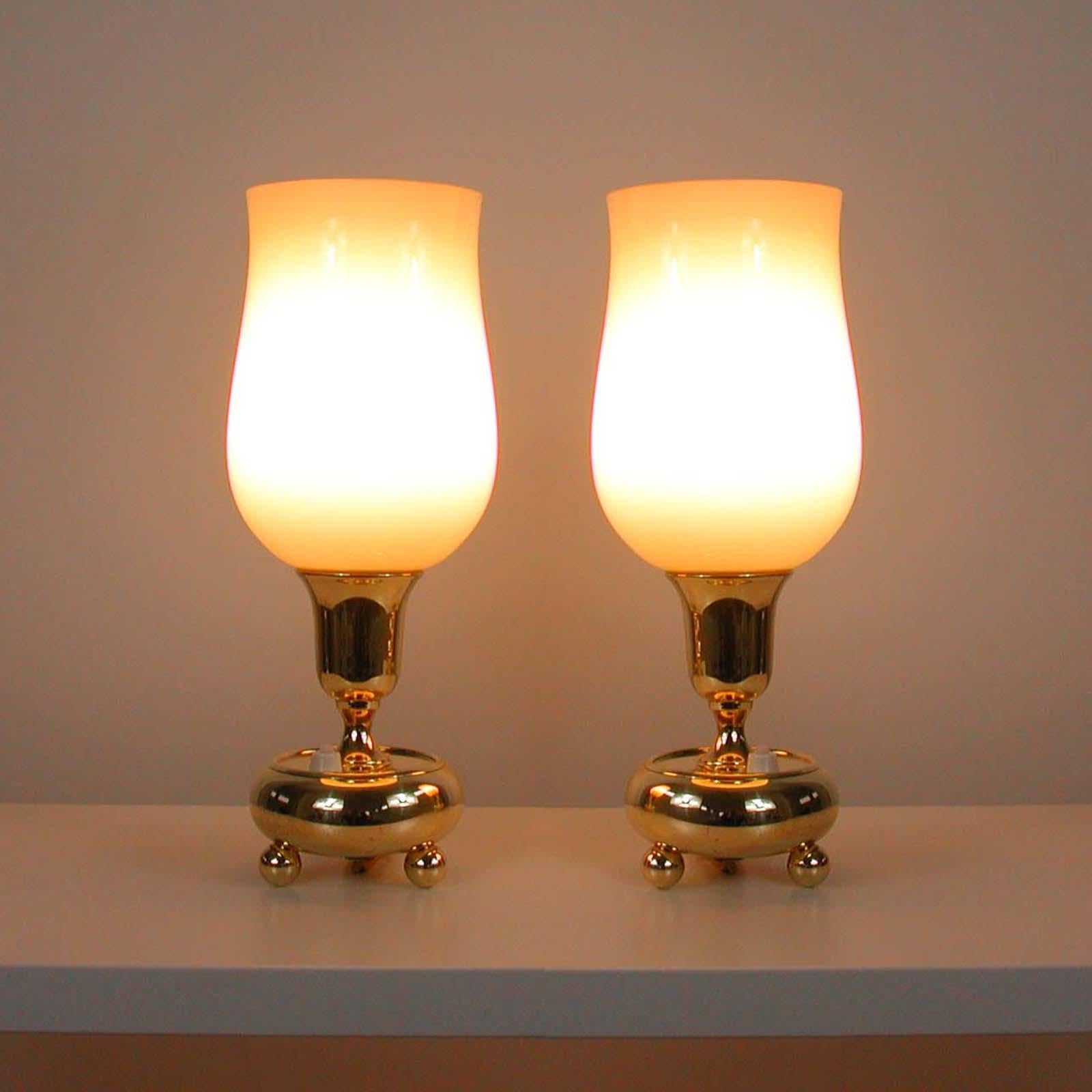 German Bauhaus Brass and Opal Torchiere Table Lamps, Set of 2, 1930s For Sale 2