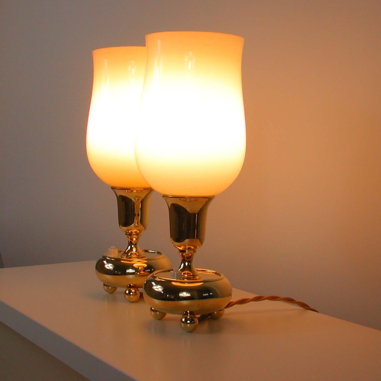 German Bauhaus Brass and Opal Torchiere Table Lamps, Set of 2, 1930s For Sale 3
