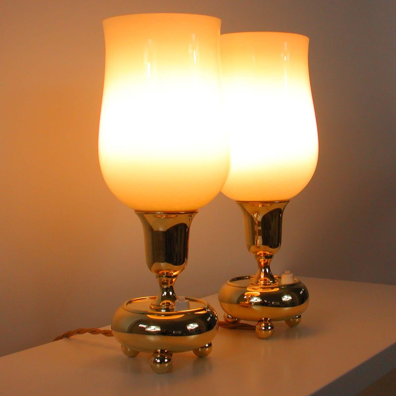 German Bauhaus Brass and Opal Torchiere Table Lamps, Set of 2, 1930s For Sale 4