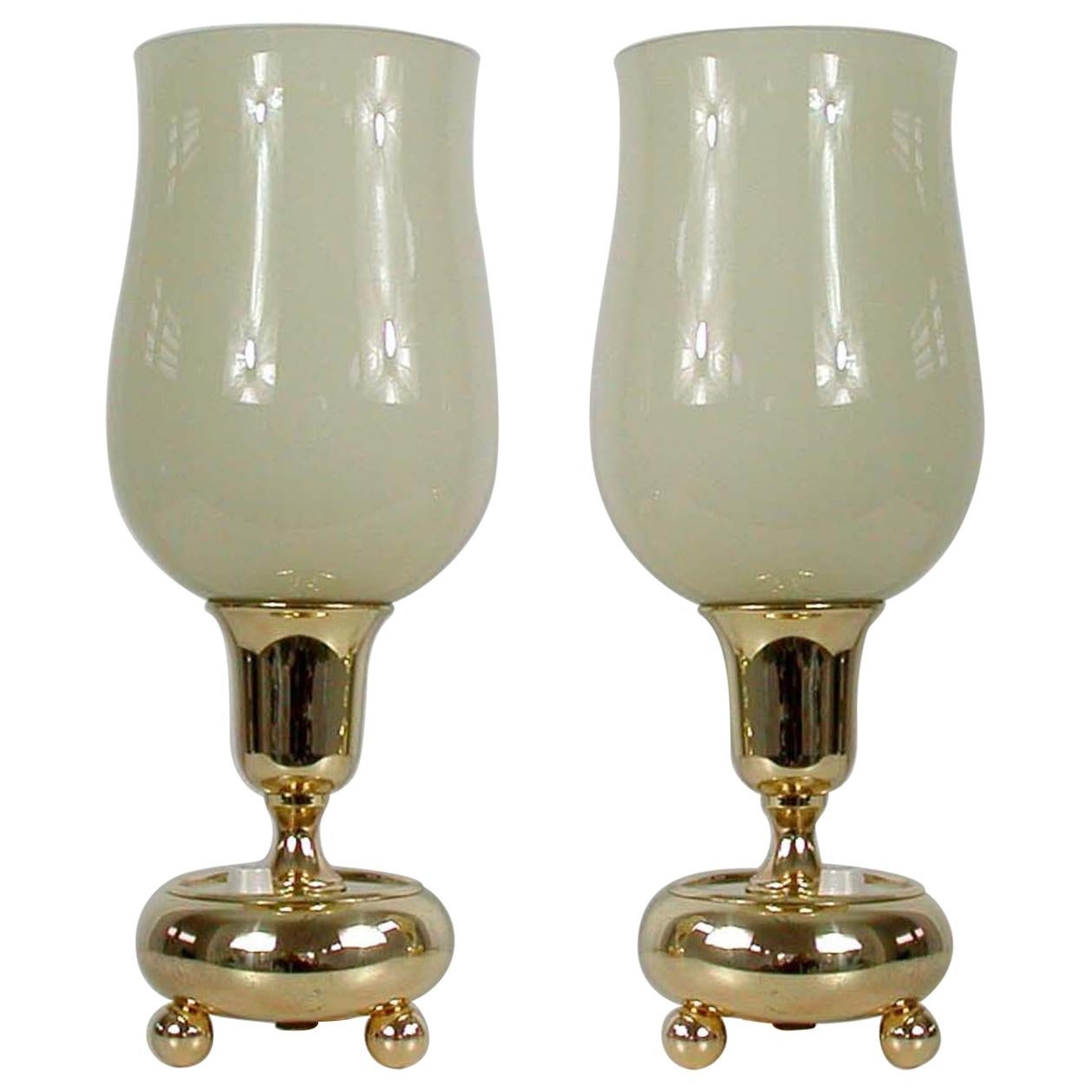 German Bauhaus Brass and Opal Torchiere Table Lamps, Set of 2, 1930s