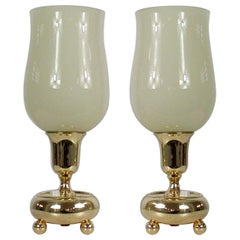 German Bauhaus Brass and Opal Torchiere Table Lamps, Set of 2, 1930s