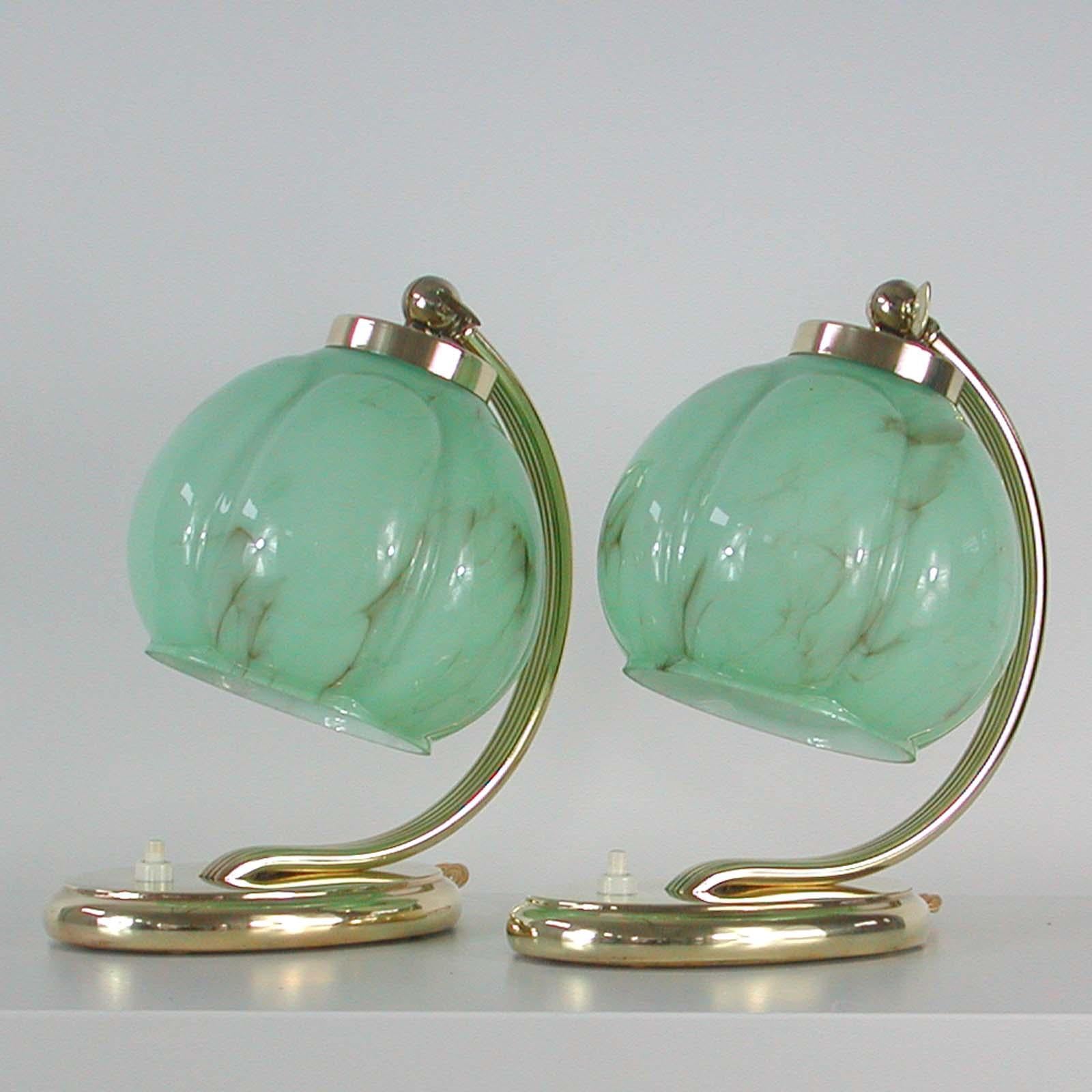 German Bauhaus Brass Table Lamps Marbled Opal Shades, Set of 2, 1930s 6