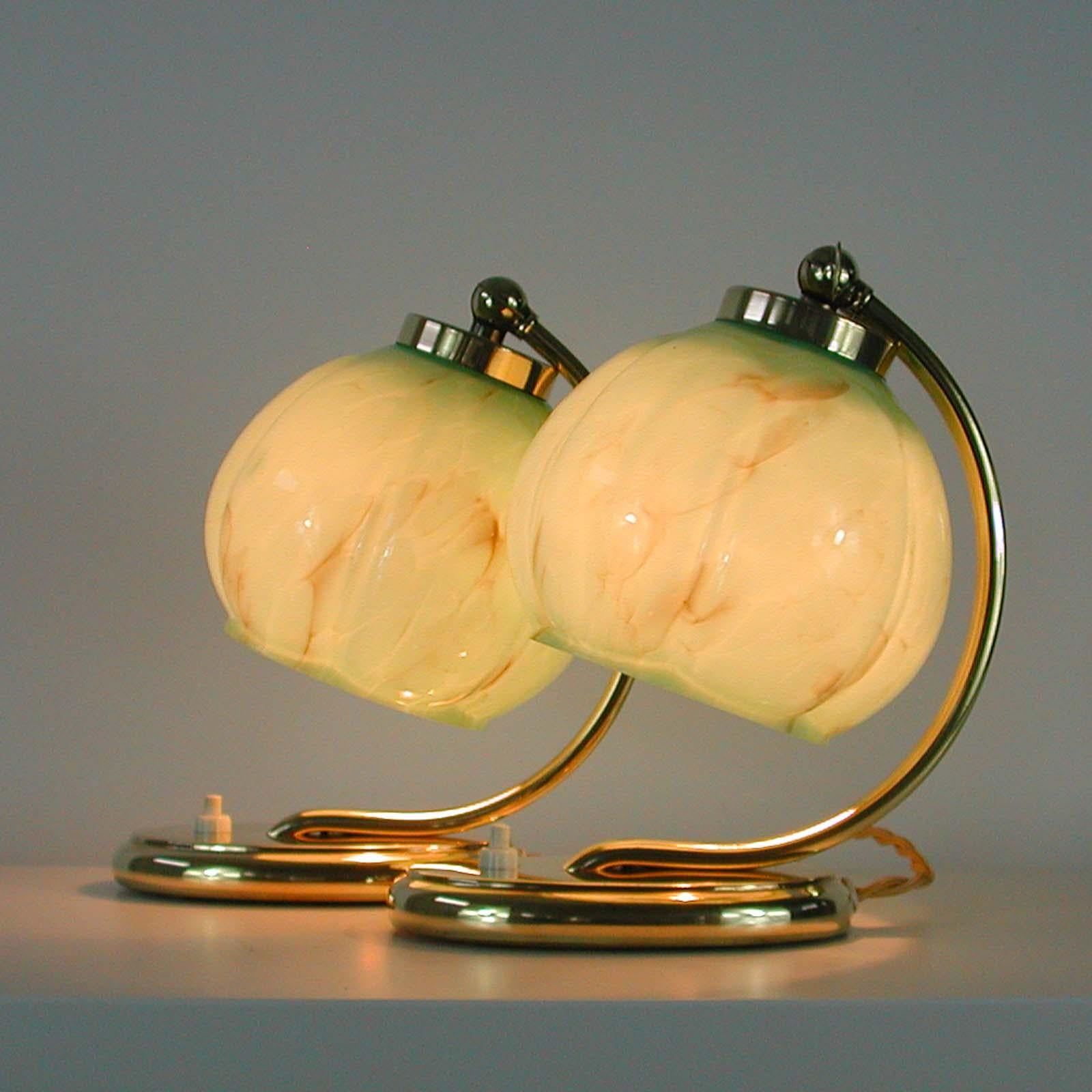 German Bauhaus Brass Table Lamps Marbled Opal Shades, Set of 2, 1930s 7