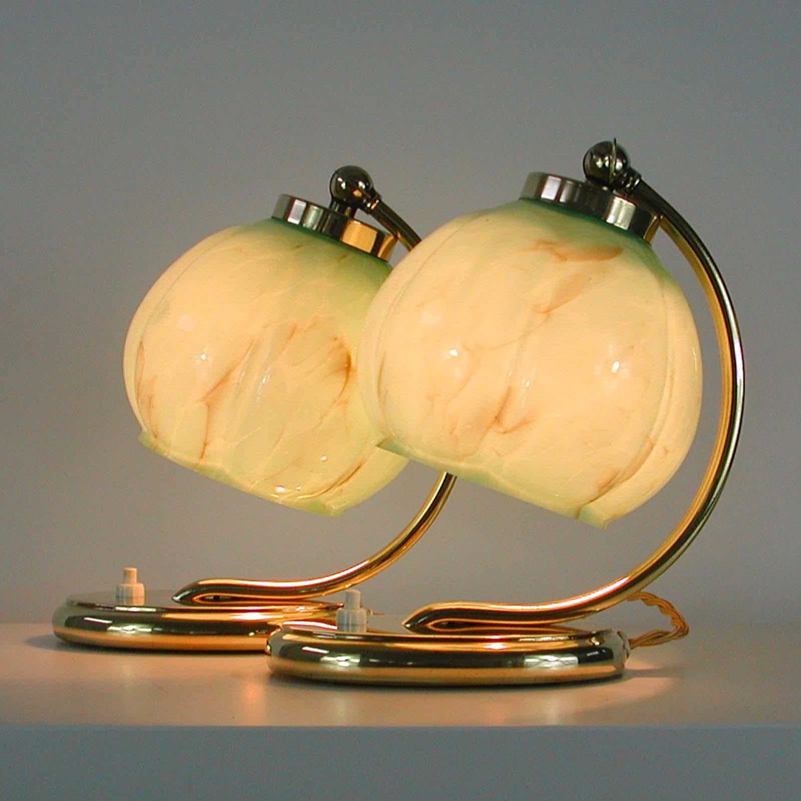 German Bauhaus Brass Table Lamps Marbled Opal Shades, Set of 2, 1930s 8
