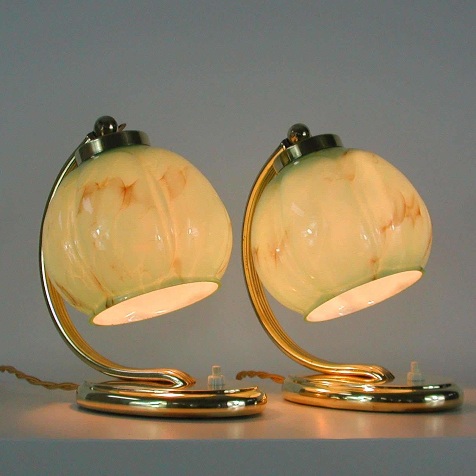German Bauhaus Brass Table Lamps Marbled Opal Shades, Set of 2, 1930s 9