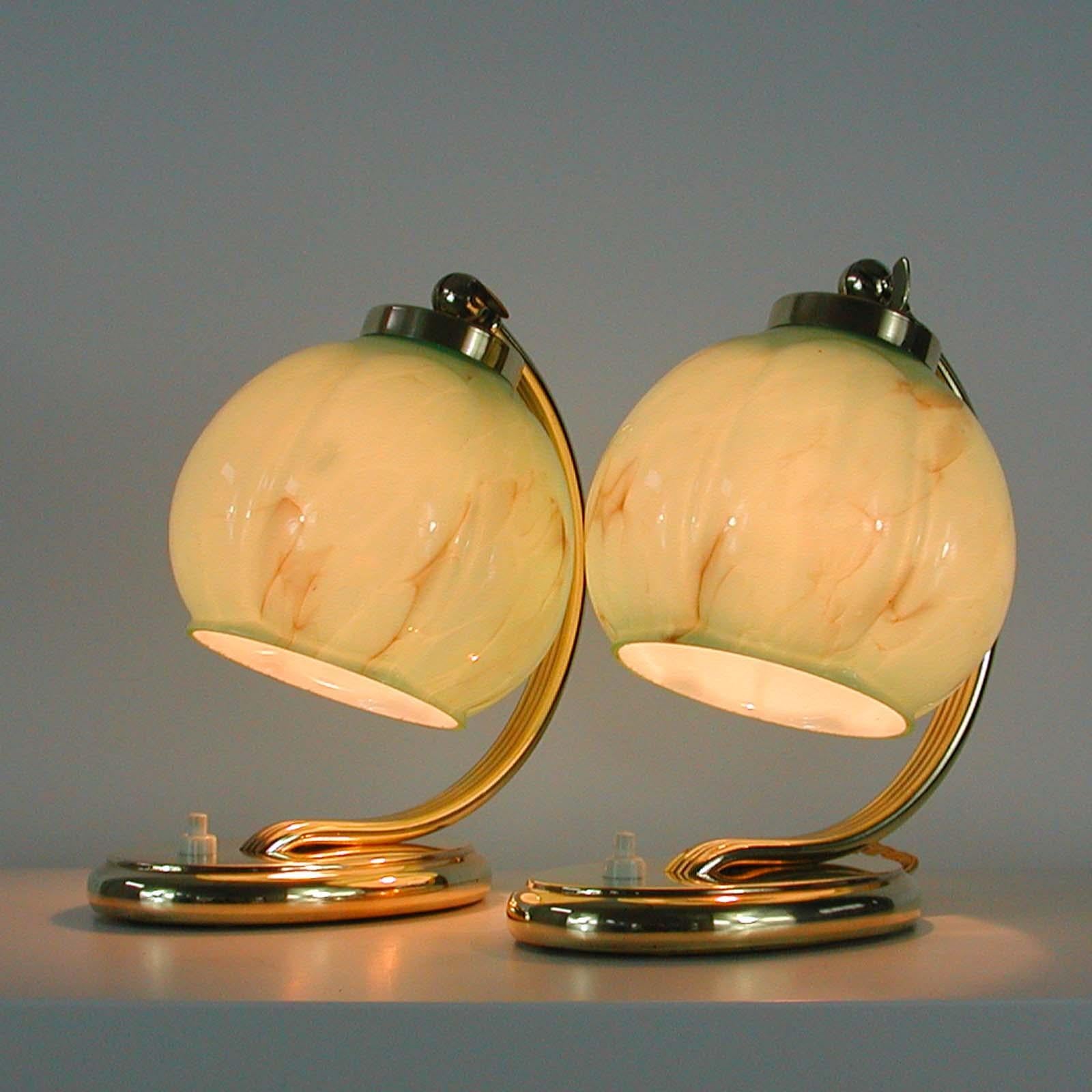 German Bauhaus Brass Table Lamps Marbled Opal Shades, Set of 2, 1930s 10