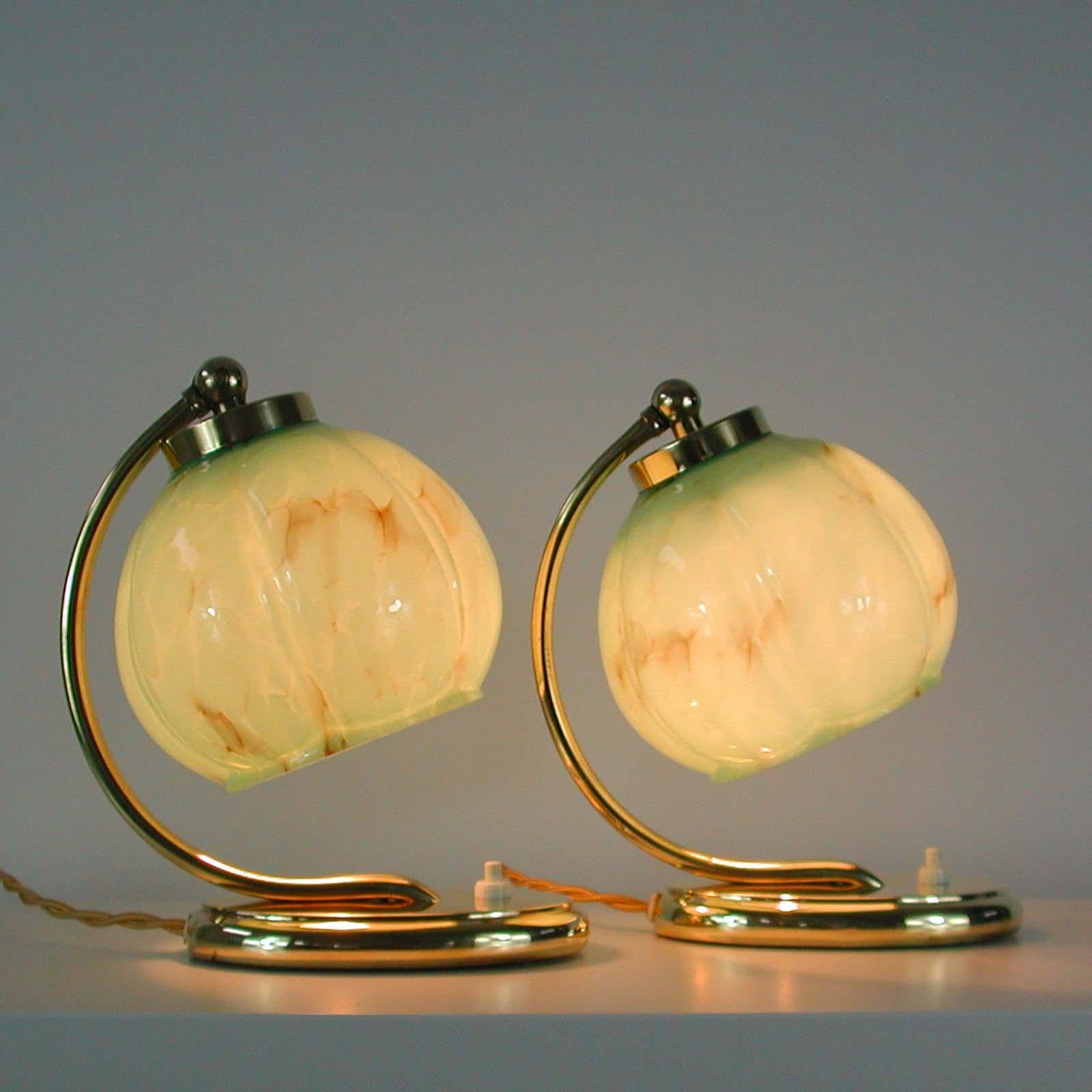 German Bauhaus Brass Table Lamps Marbled Opal Shades, Set of 2, 1930s 11