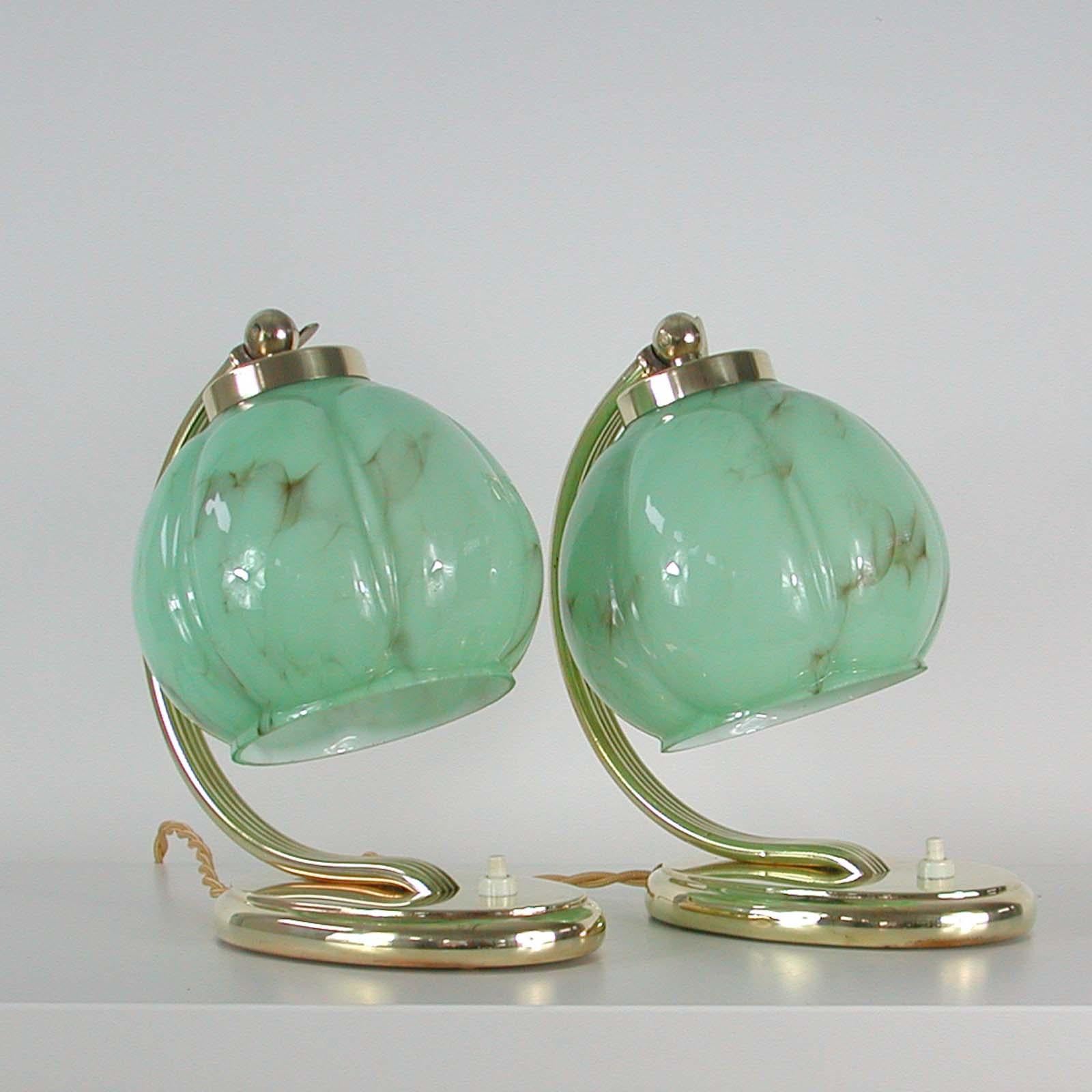 Mid-20th Century German Bauhaus Brass Table Lamps Marbled Opal Shades, Set of 2, 1930s