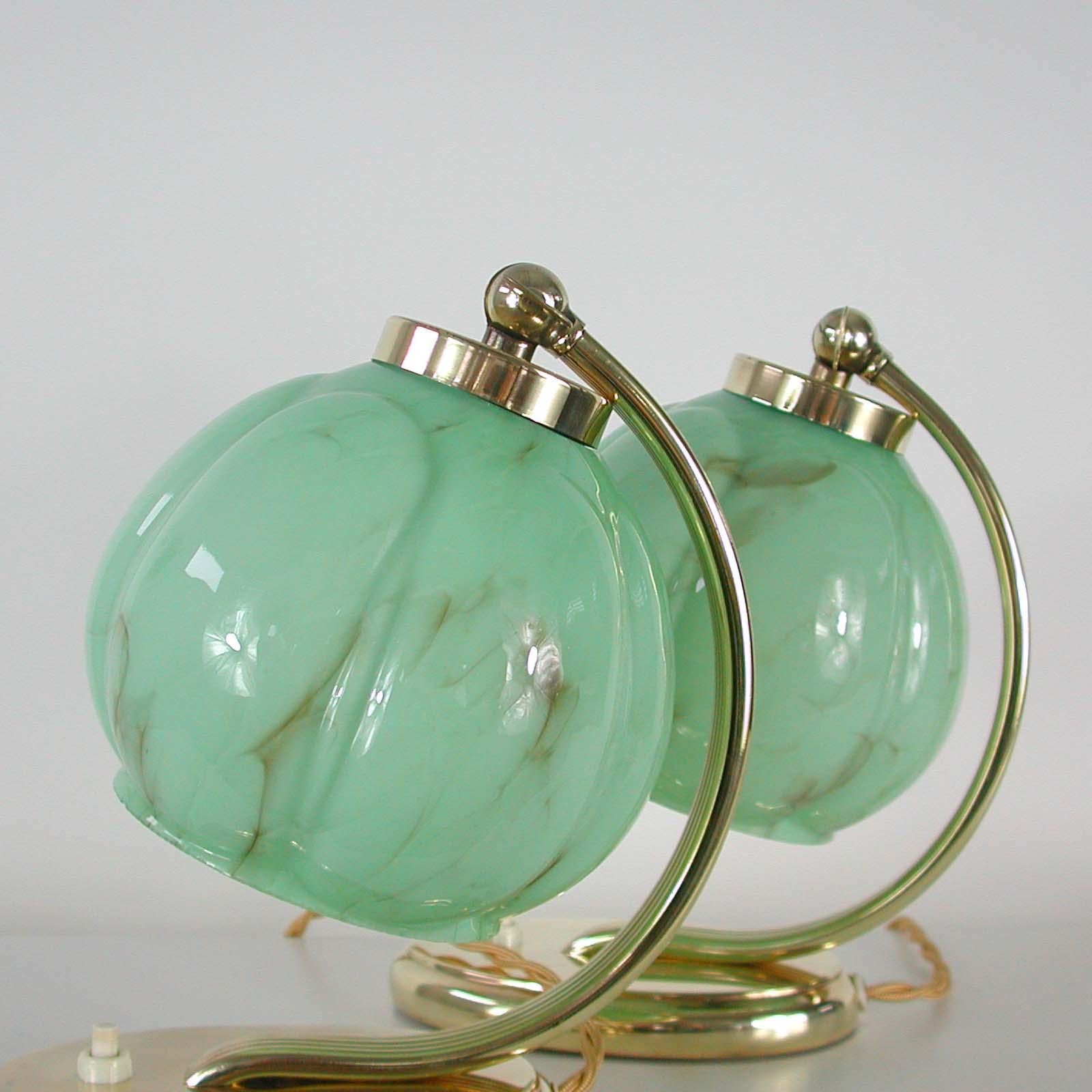 German Bauhaus Brass Table Lamps Marbled Opal Shades, Set of 2, 1930s 2