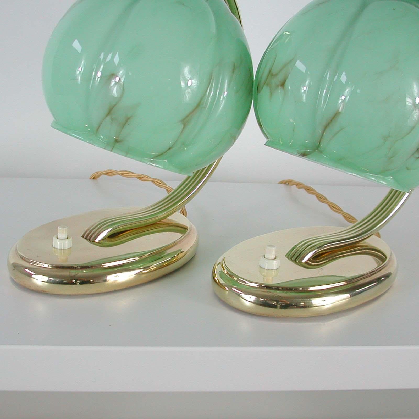 German Bauhaus Brass Table Lamps Marbled Opal Shades, Set of 2, 1930s 3