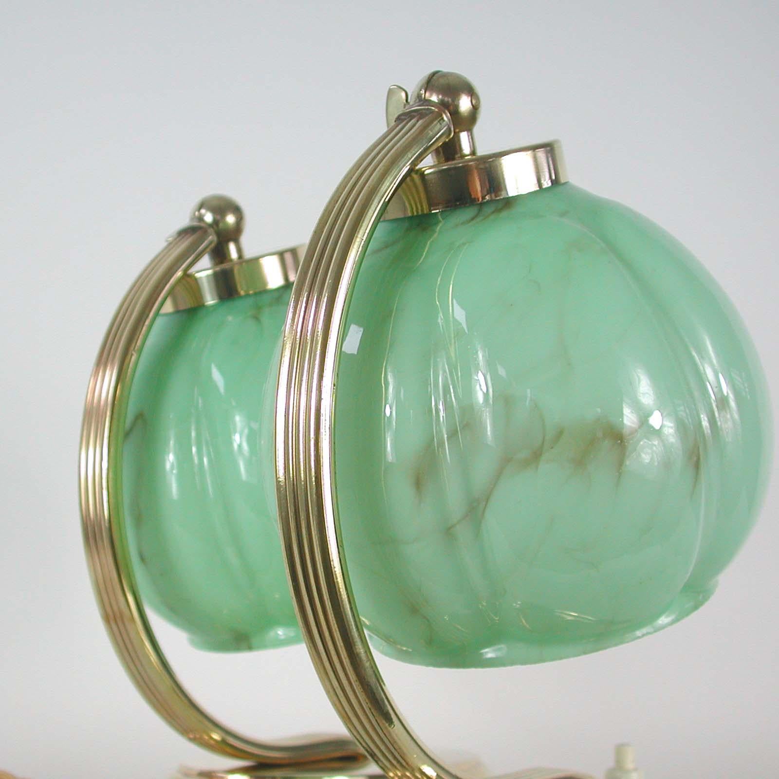 German Bauhaus Brass Table Lamps Marbled Opal Shades, Set of 2, 1930s 5