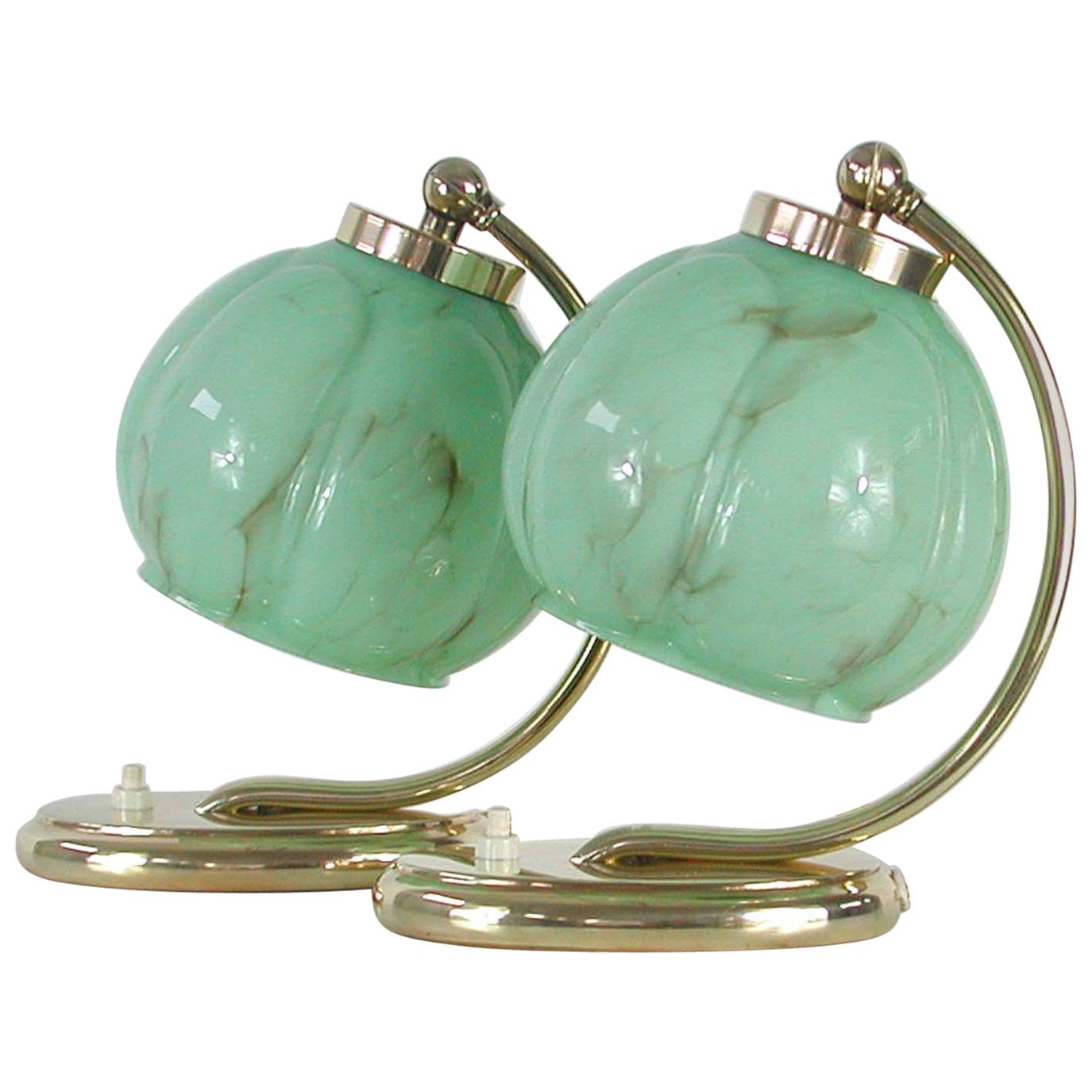 German Bauhaus Brass Table Lamps Marbled Opal Shades, Set of 2, 1930s
