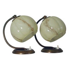 Vintage German Bauhaus Bronzed Table Lamps Marbled Opal Shades, Set of 2, 1930s