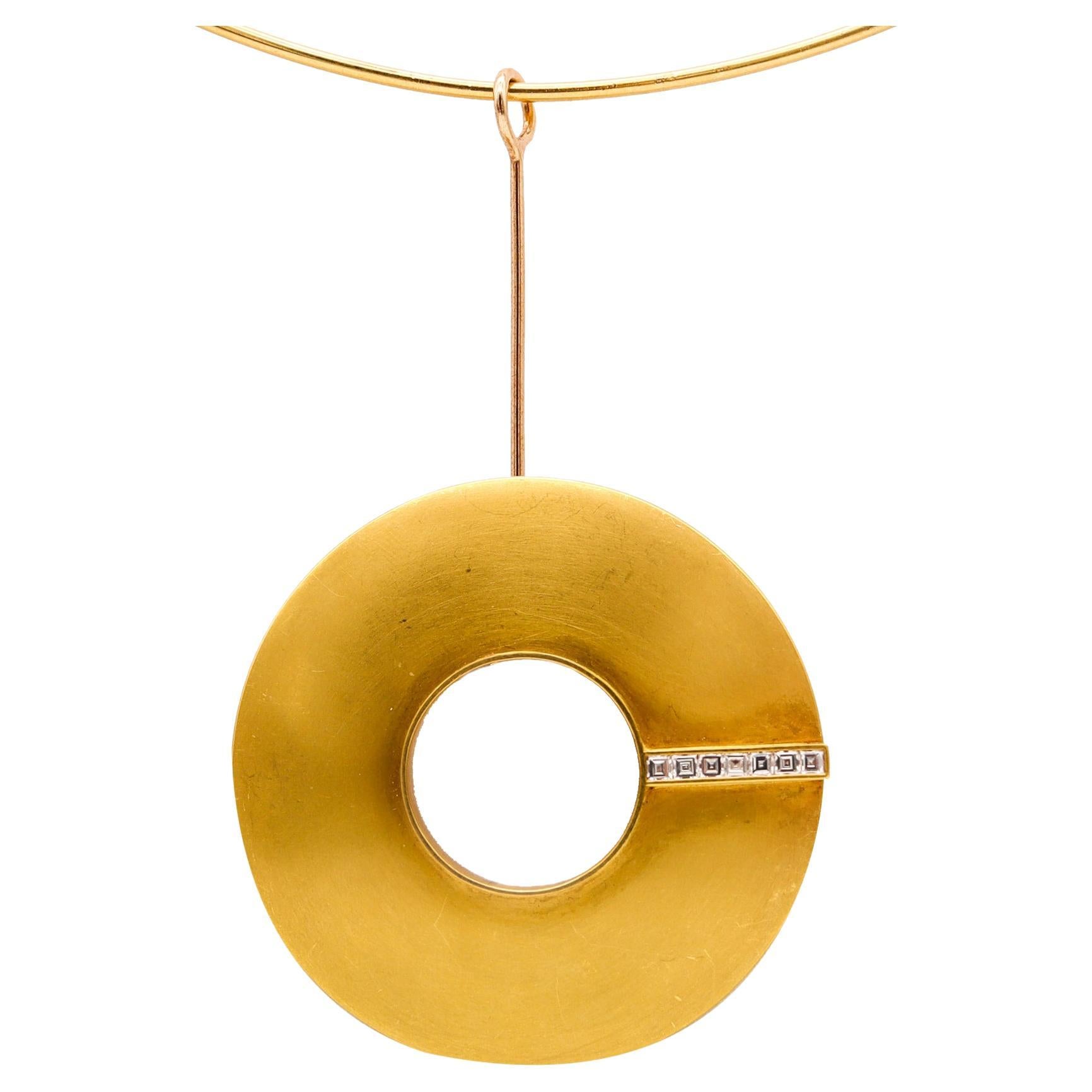 German Bauhaus Geometric Convertible Necklace Brooch 18kt Yellow Gold & Diamonds