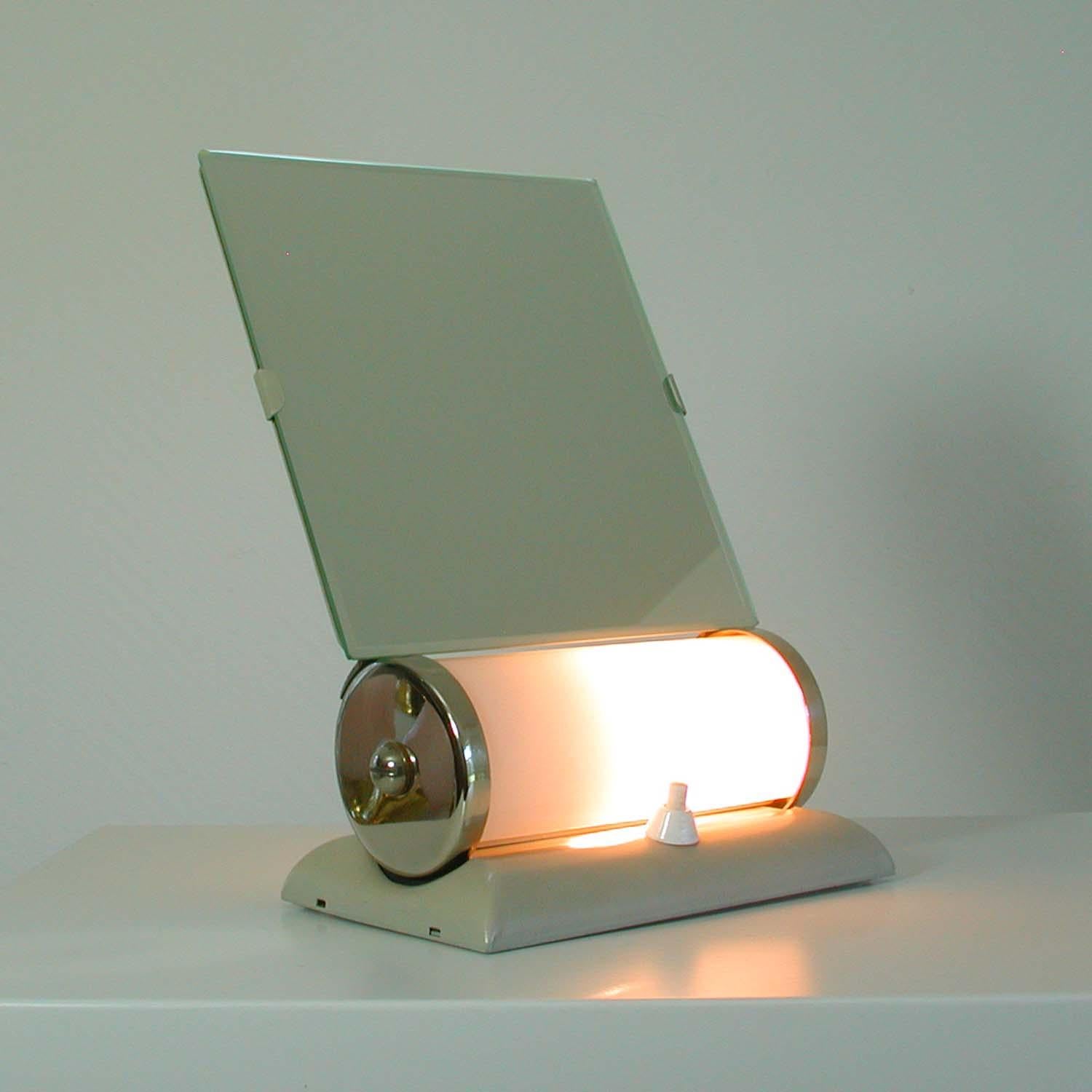 German Bauhaus Illuminated Opaline Glass Table Vanity Mirror Table Lamp Combo For Sale 7