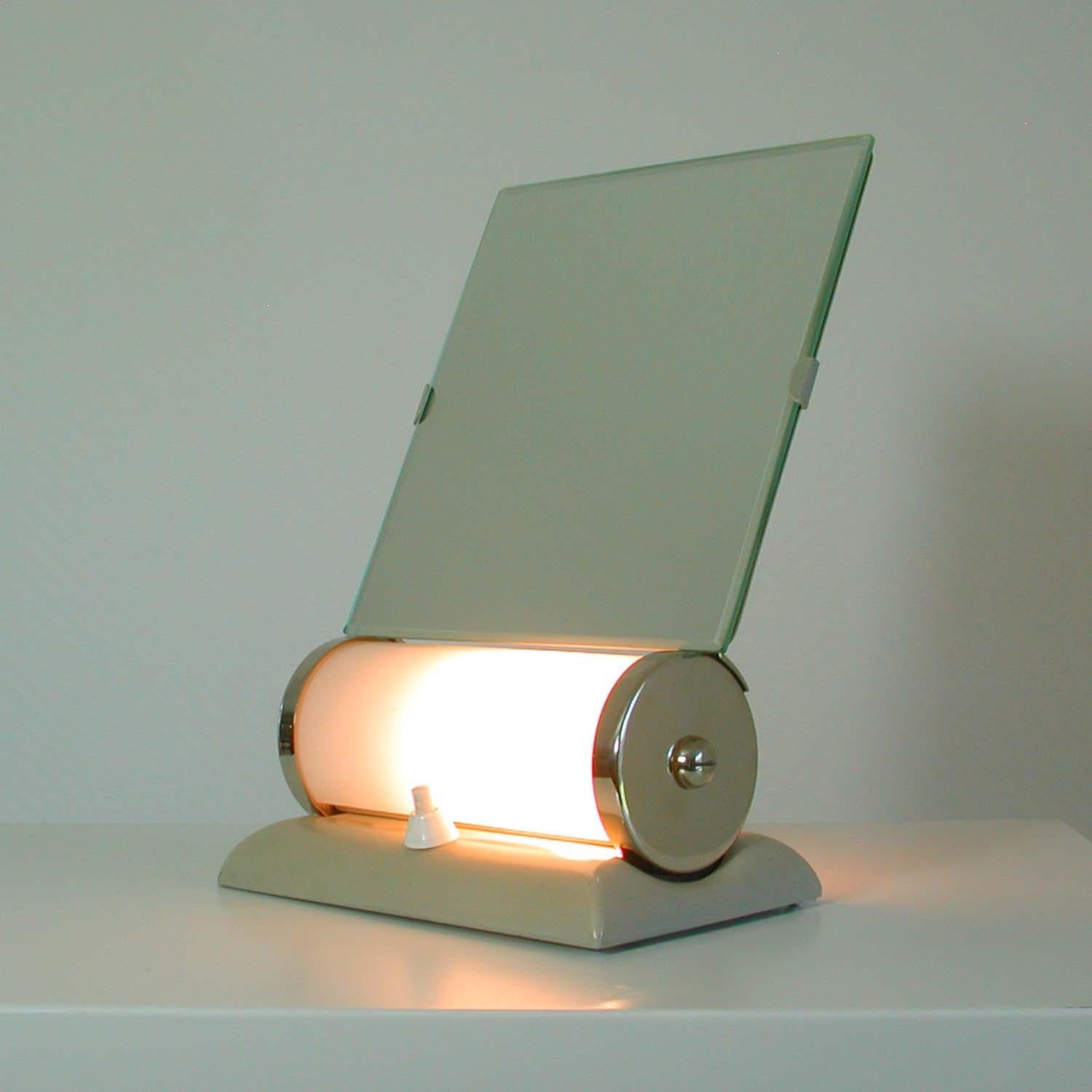 German Bauhaus Illuminated Opaline Glass Table Vanity Mirror Table Lamp Combo For Sale 8