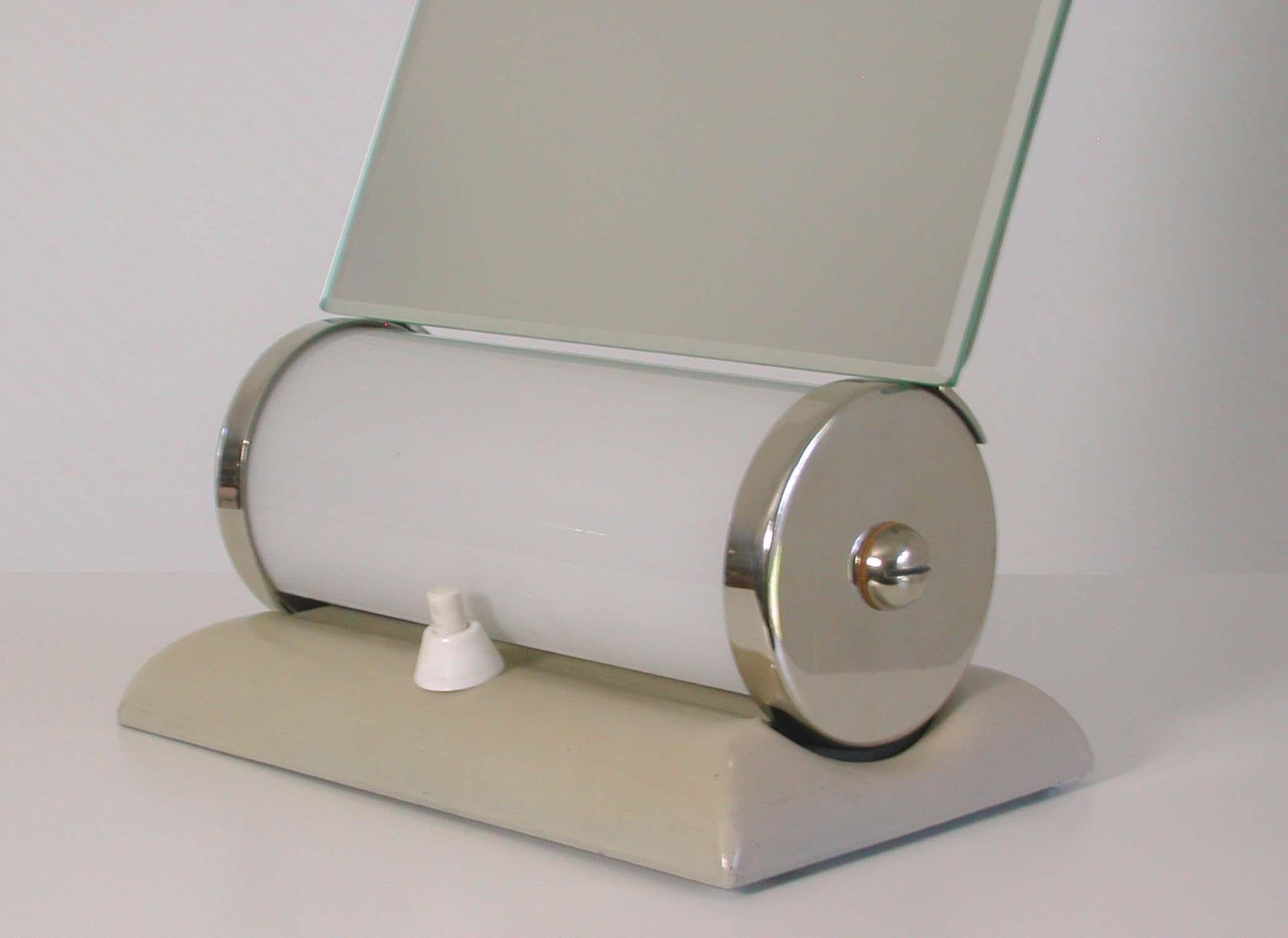 German Bauhaus Illuminated Opaline Glass Table Vanity Mirror Table Lamp Combo In Good Condition For Sale In NUEMBRECHT, NRW