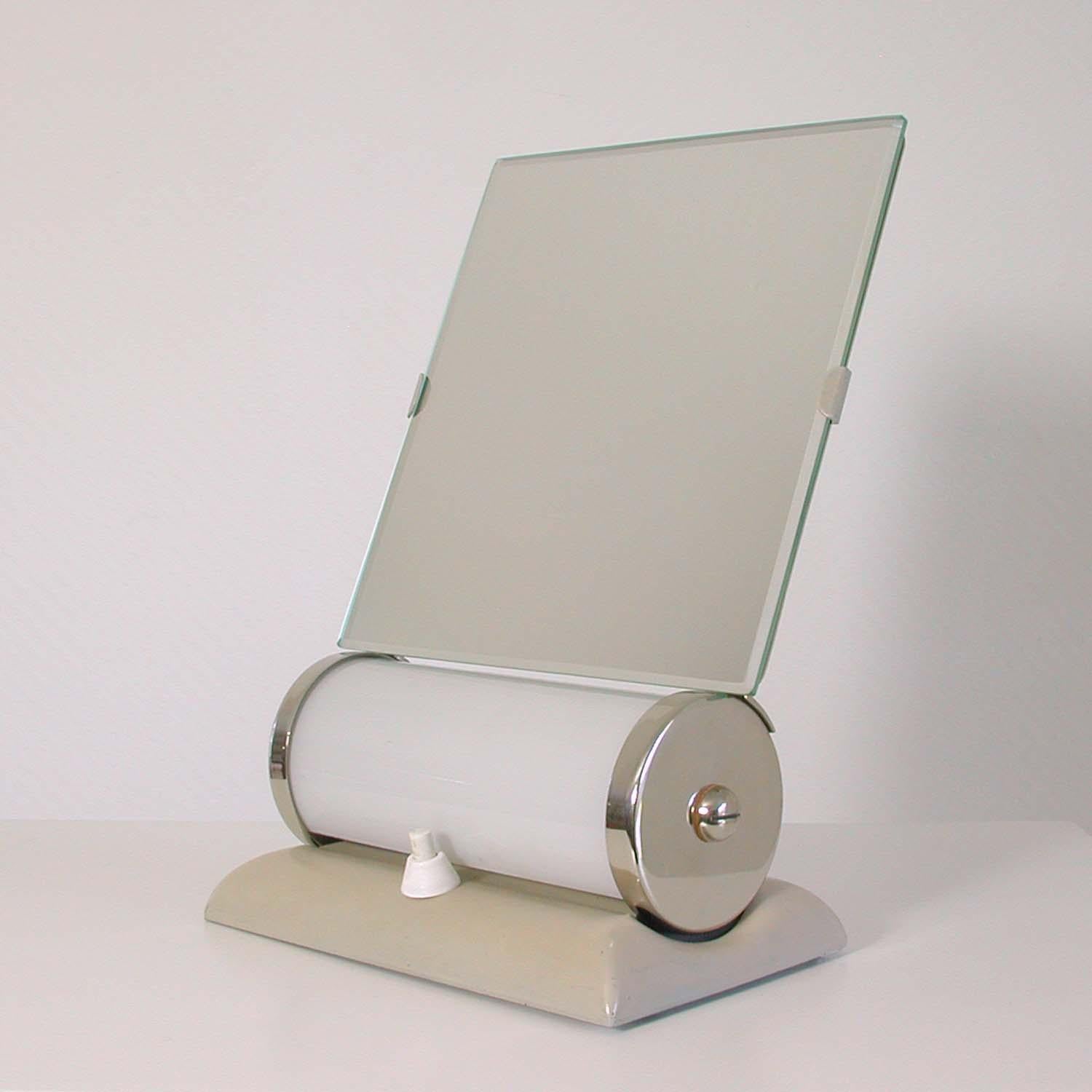 Mid-20th Century German Bauhaus Illuminated Opaline Glass Table Vanity Mirror Table Lamp Combo For Sale