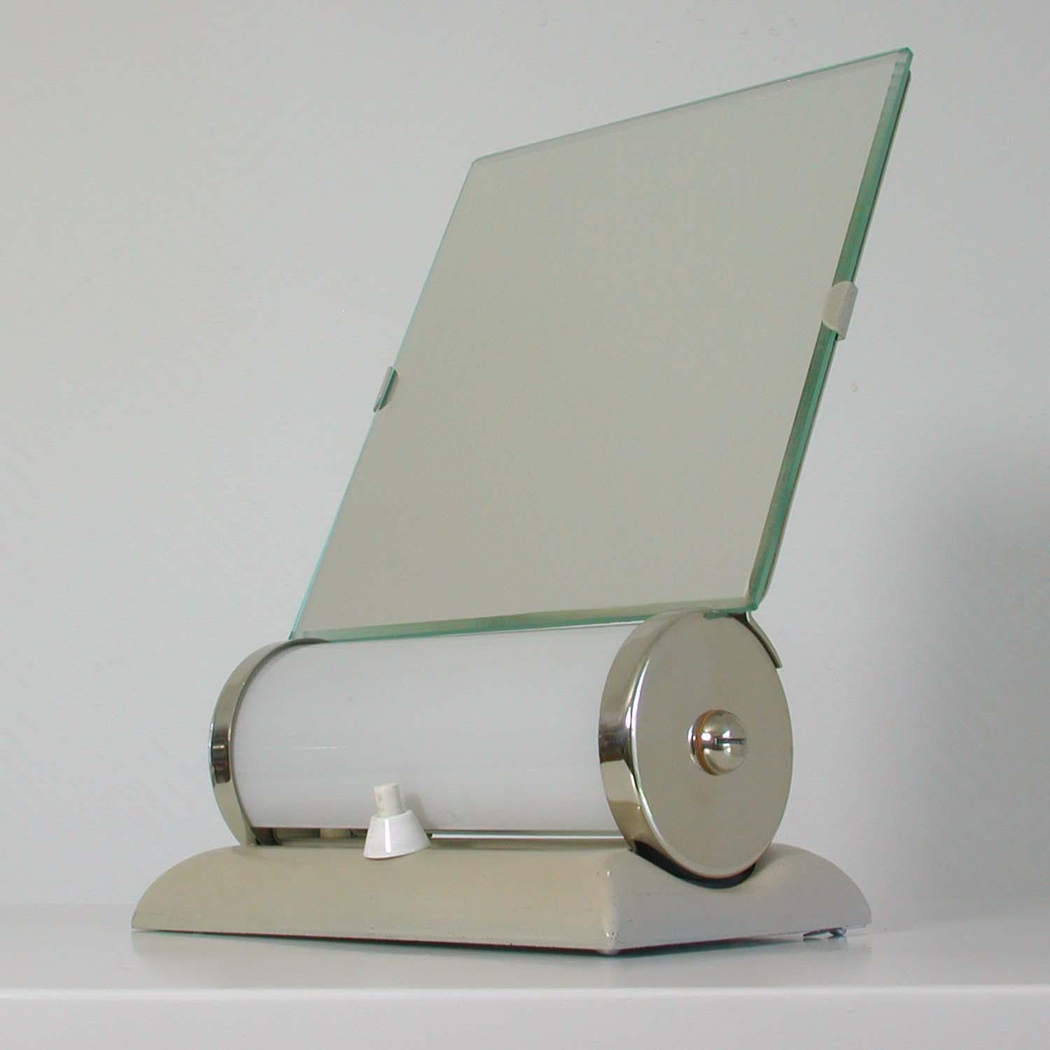 German Bauhaus Illuminated Opaline Glass Table Vanity Mirror Table Lamp Combo For Sale 4
