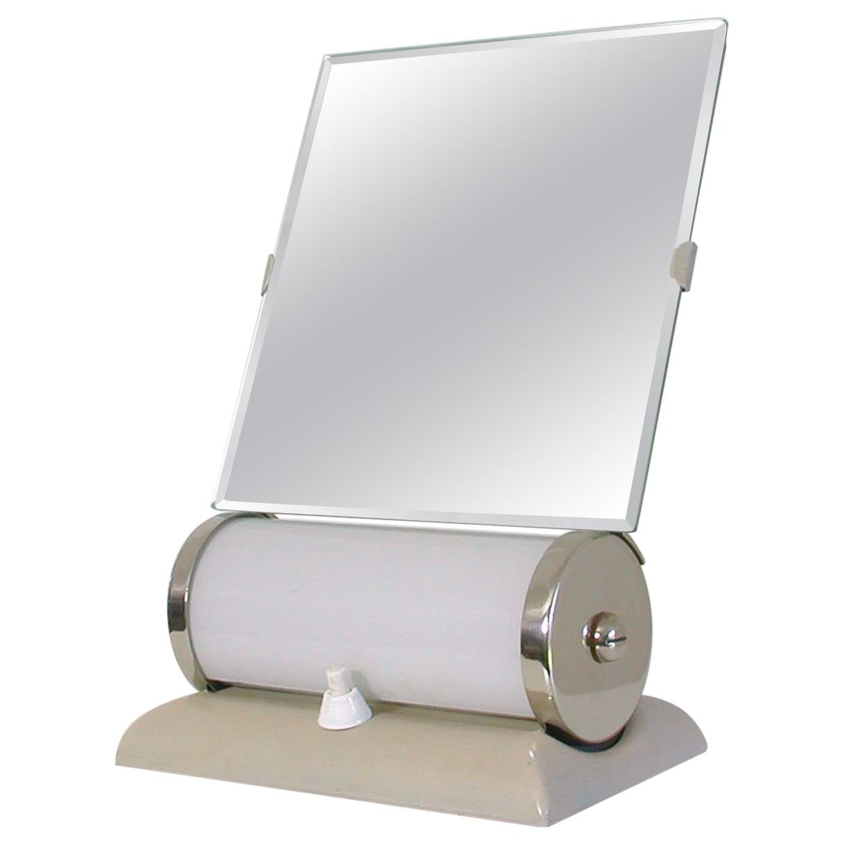 German Bauhaus Illuminated Opaline Glass Table Vanity Mirror Table Lamp Combo
