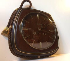 German Bauhaus Suspended Mahogany & Brass Wall Clock with Manuel Movement, 1940s