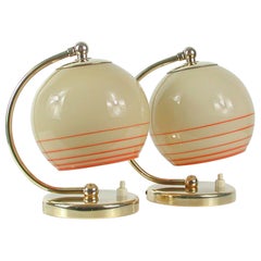 Vintage German Bauhaus Table Lamps, Brass and Opaline Shades, Set of 2, 1930s