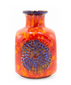 German Bay Keramic Orange Ceramic Vase with Blue Design