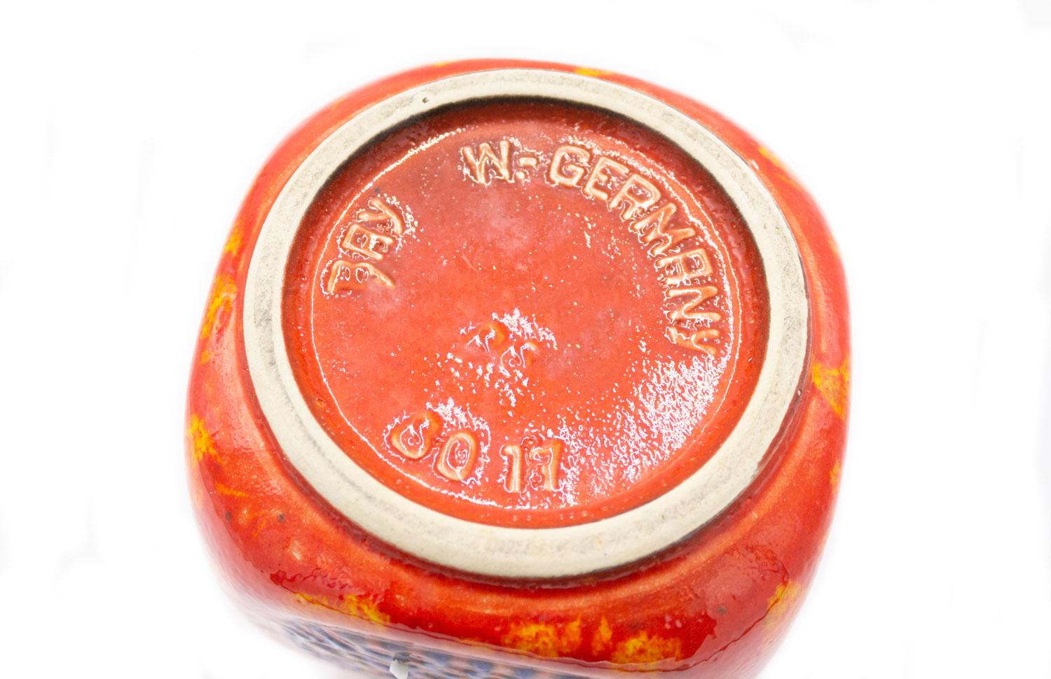 XIX secolo German Bay Keramic Orange Ceramic Vase with Blue Design in vendita