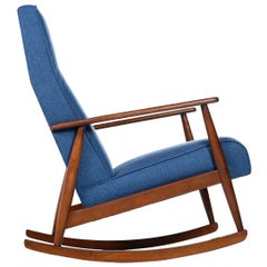 German Beech Mid-Century Modern Rocking Chair in Blue Fabric, 1950s