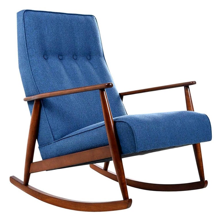 German Beech Mid-Century Modern Rocking Chair in Blue Fabric, 1950s at ...
