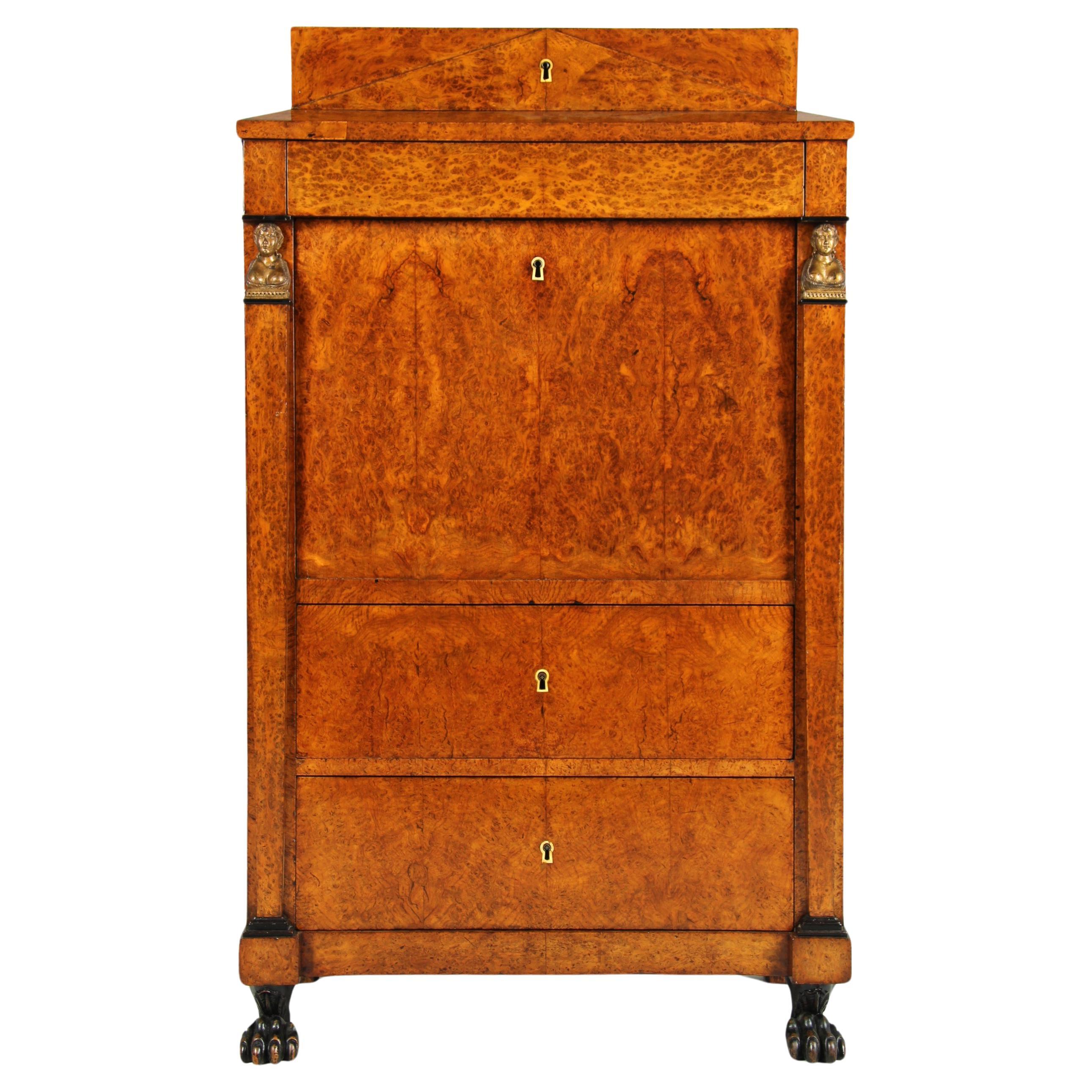 German Biedermeier or Empire Secretary, Burlwood, circa 1820