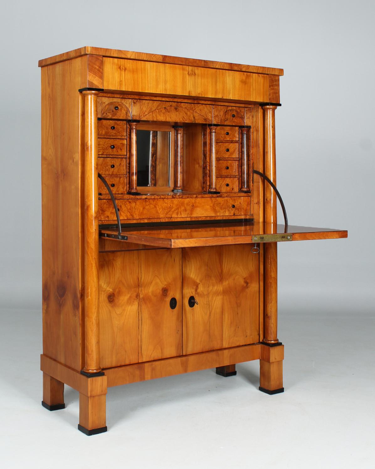 Early 19th Century German Biedermeier Secretaire with Columns, Cherry, Maple Burl, circa 1820