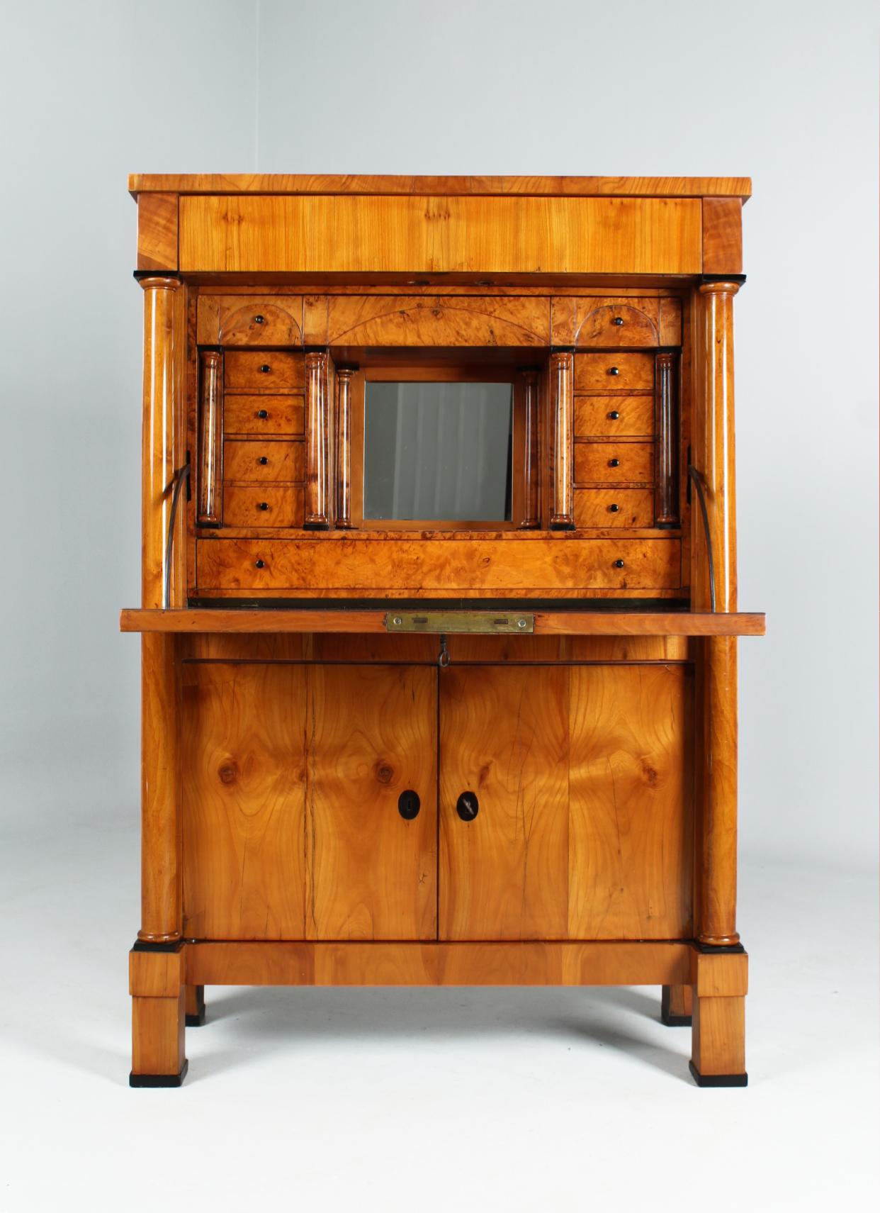 German Biedermeier Secretaire with Columns, Cherry, Maple Burl, circa 1820 5