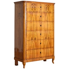 German Biedermeier Tall 6-Drawer Chest in Light Walnut Veneer, circa 1830