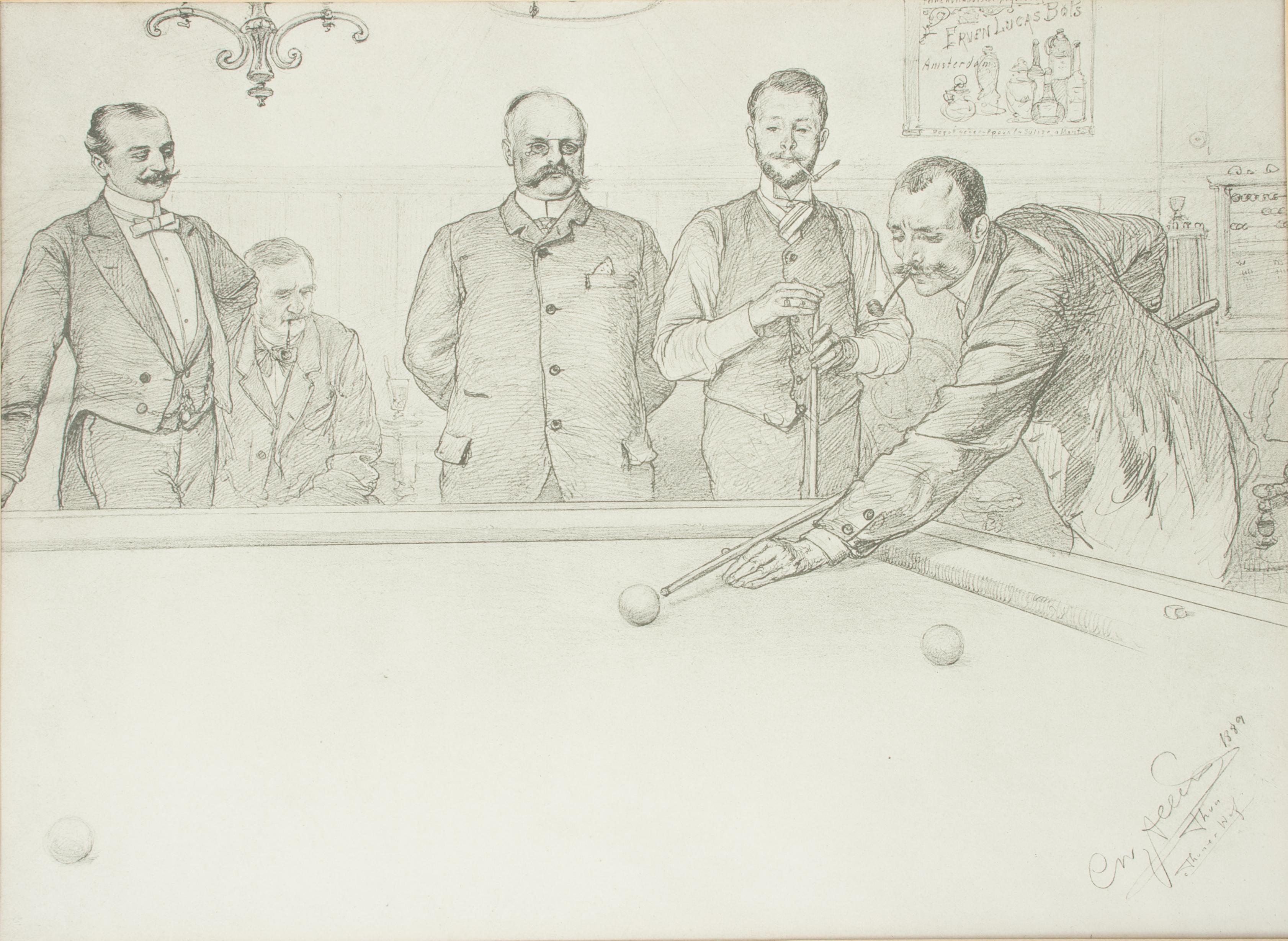 Billiard Lithograph, In the Billiard Room.
A very charming billiard picture, looks very much like a pencil drawing but is a lithographic print. The picture depicts five gentlemen playing billiards, one about to play the ball whilst smoking a pipe.