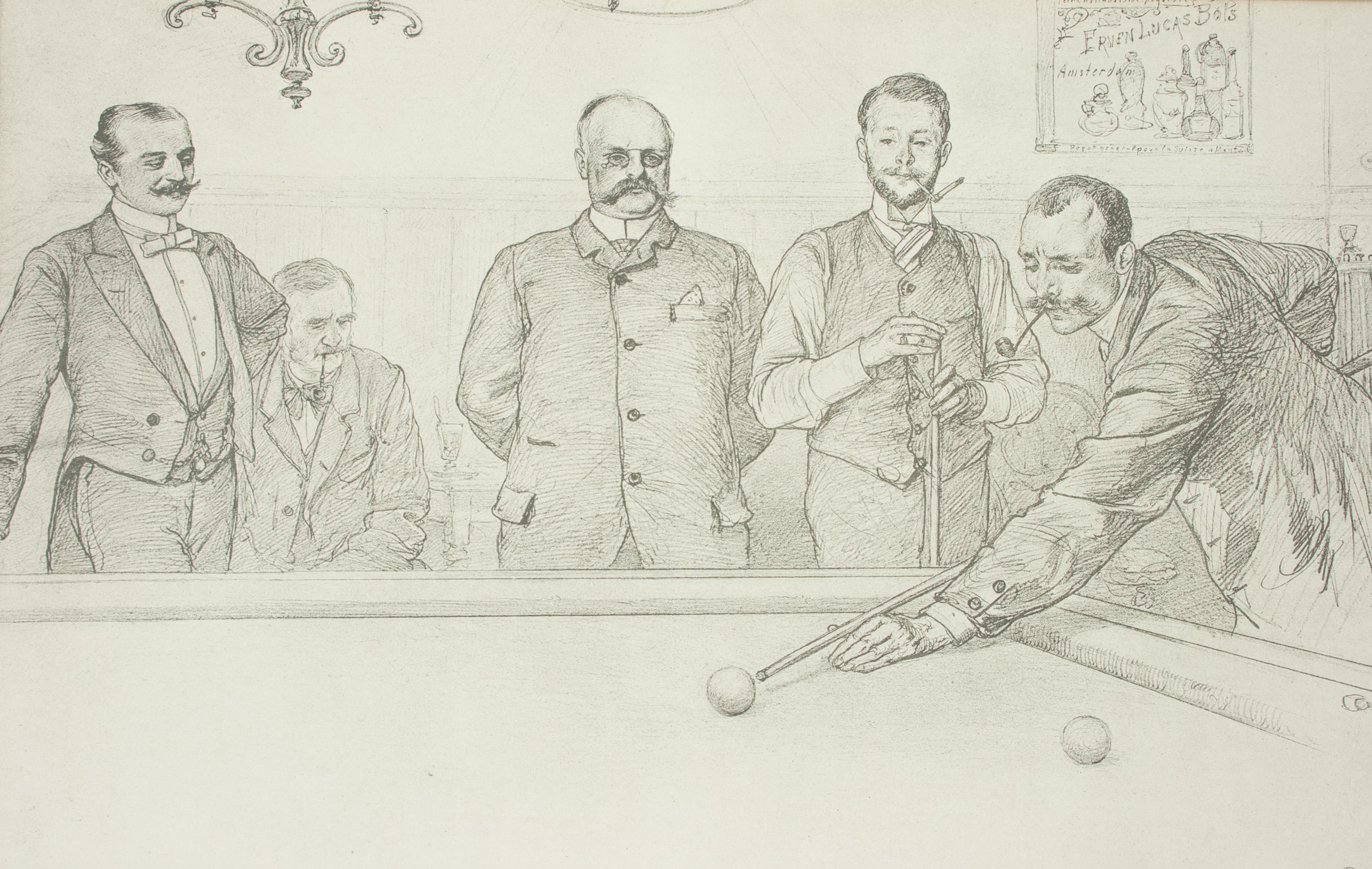 Sporting Art German Billiard Lithograph, Titled 'in the Billiard Room' by C Allers