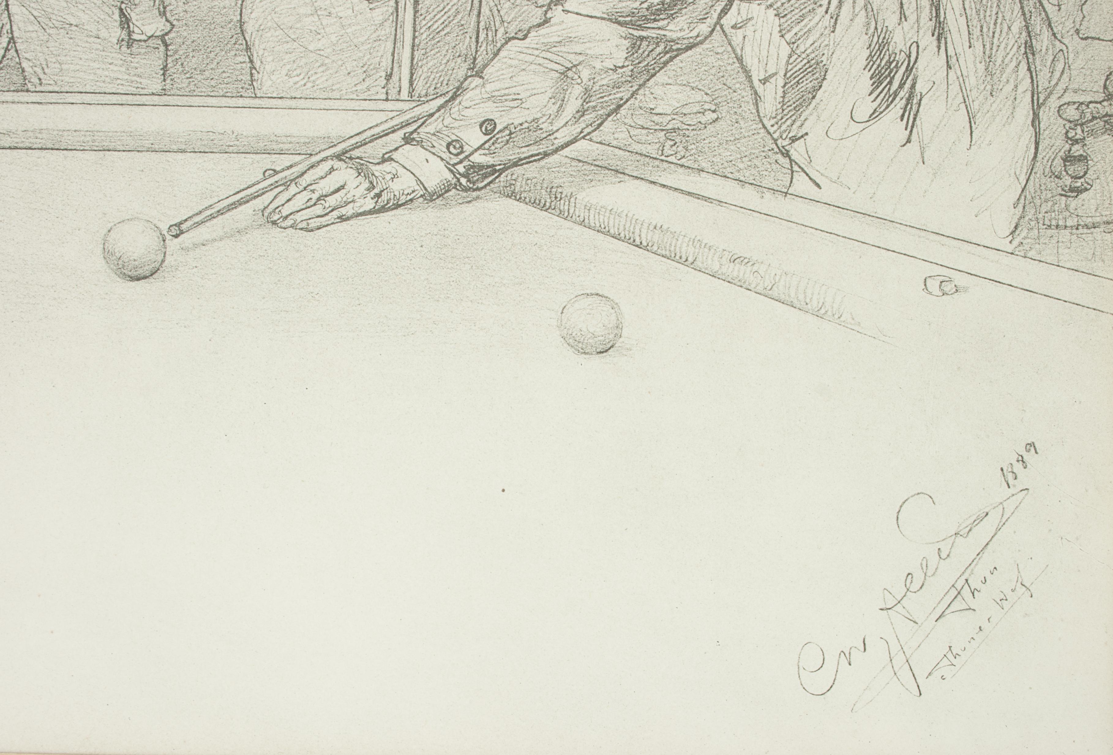 German Billiard Lithograph, Titled 'in the Billiard Room' by C Allers 1