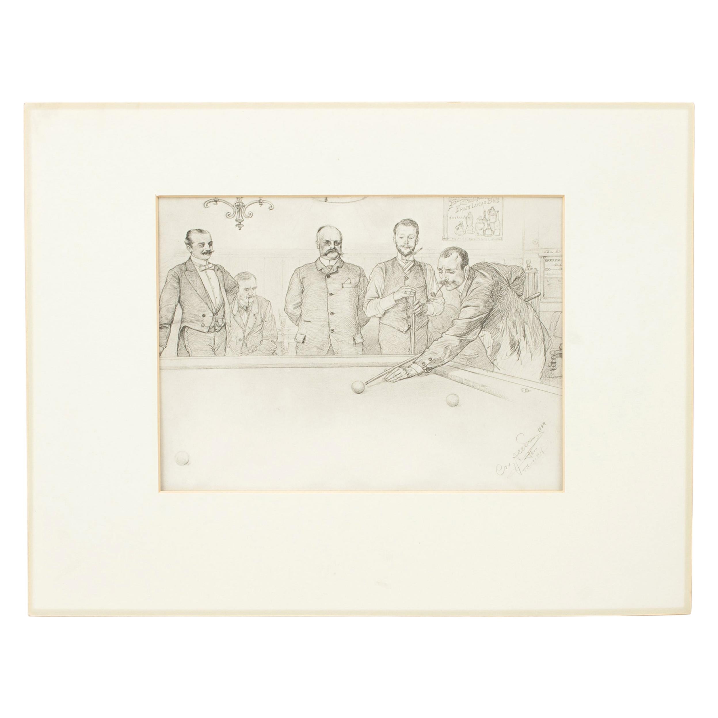 German Billiard Lithograph, Titled 'in the Billiard Room' by C Allers