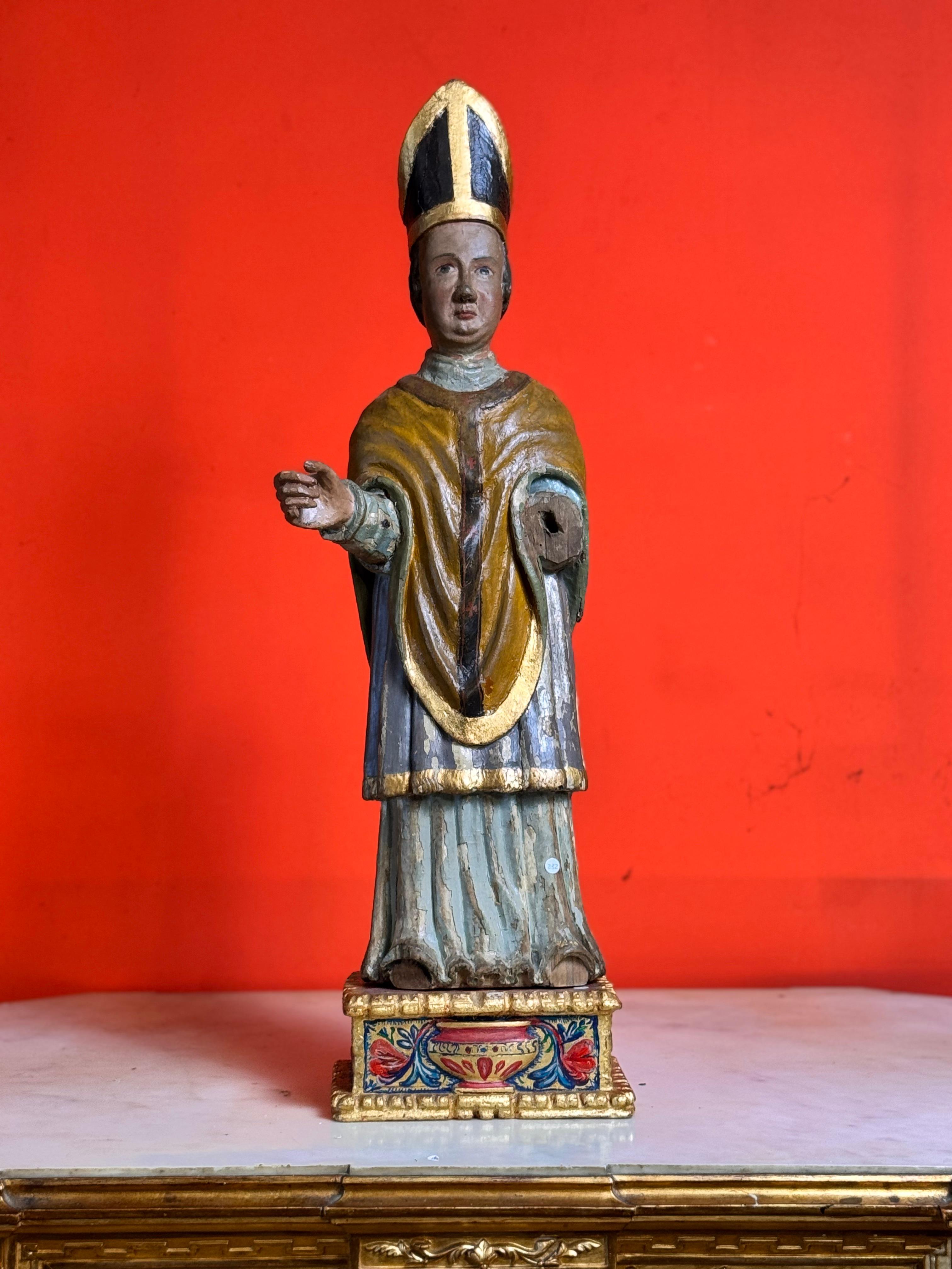 Hand-Crafted German Bishop in Carved and Polychromed Wood, 15th-16th Centuries For Sale