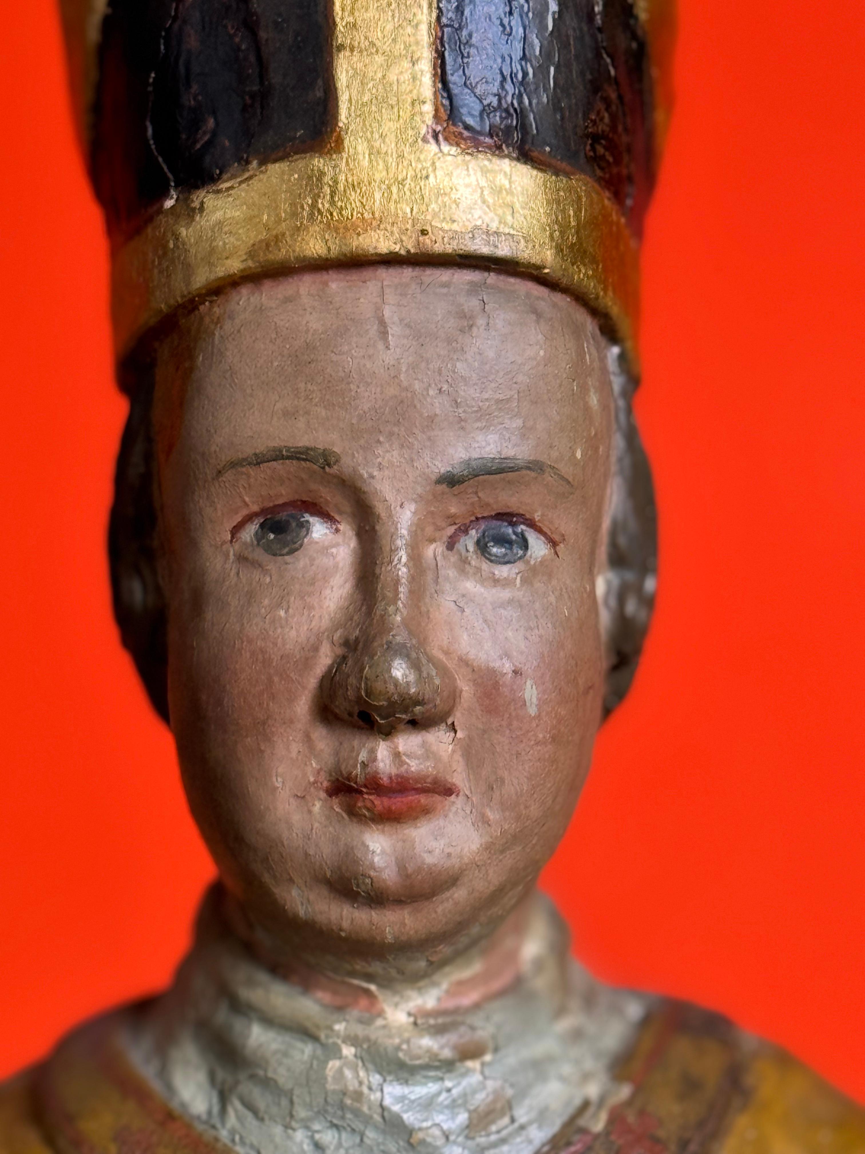 18th Century and Earlier German Bishop in Carved and Polychromed Wood, 15th-16th Centuries For Sale