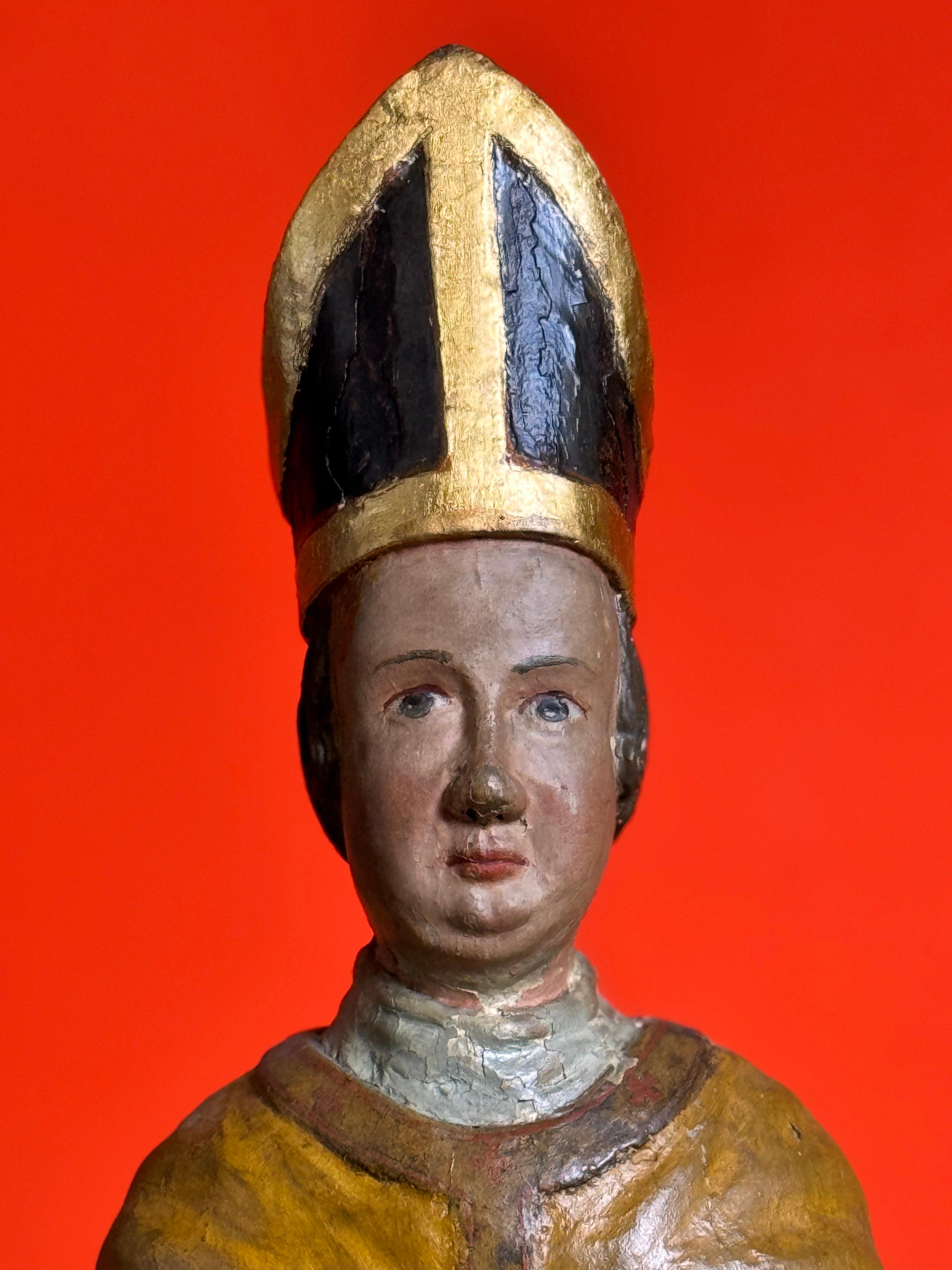 German Bishop in Carved and Polychromed Wood, 15th-16th Centuries For Sale 1