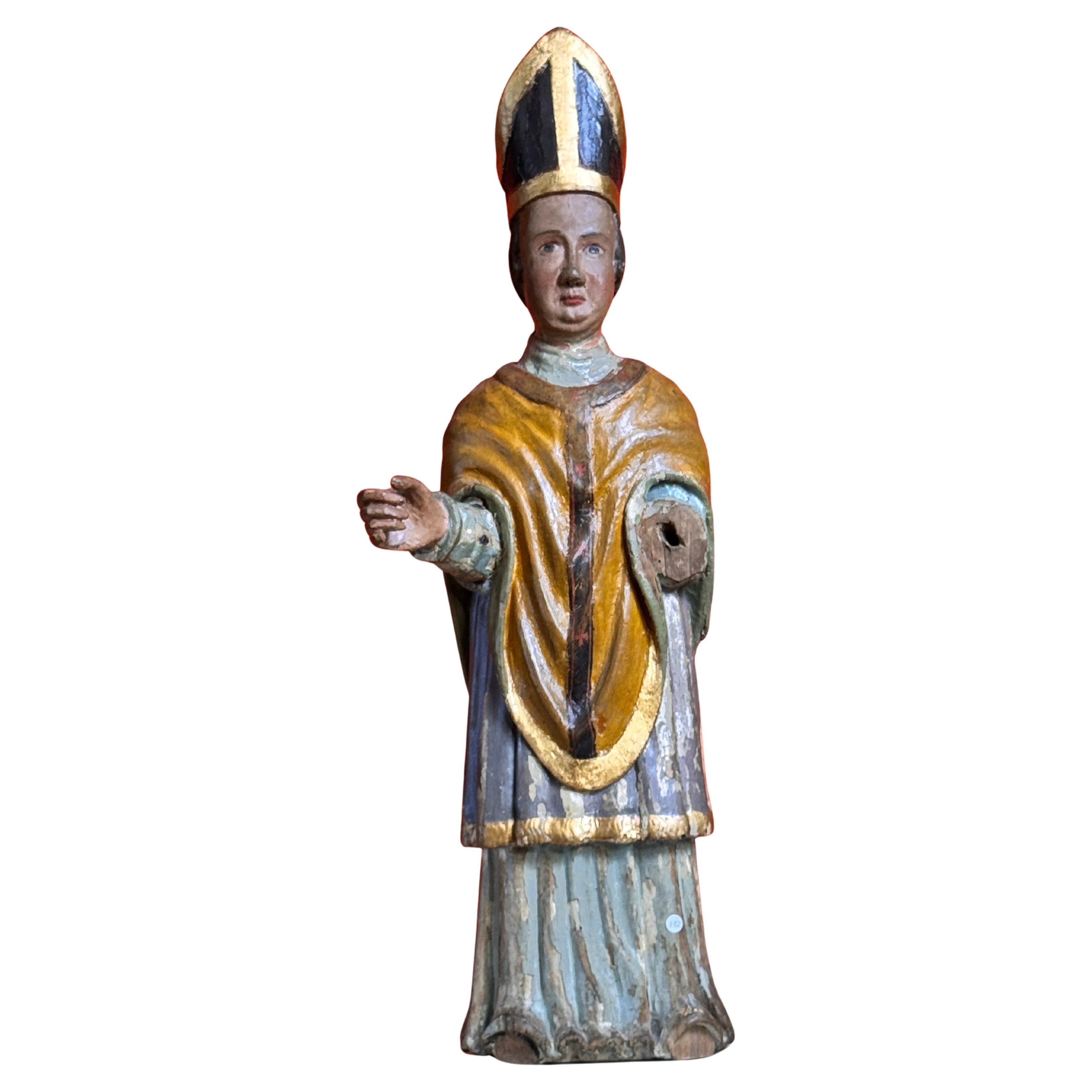 German Bishop in Carved and Polychromed Wood, 15th-16th Centuries For Sale
