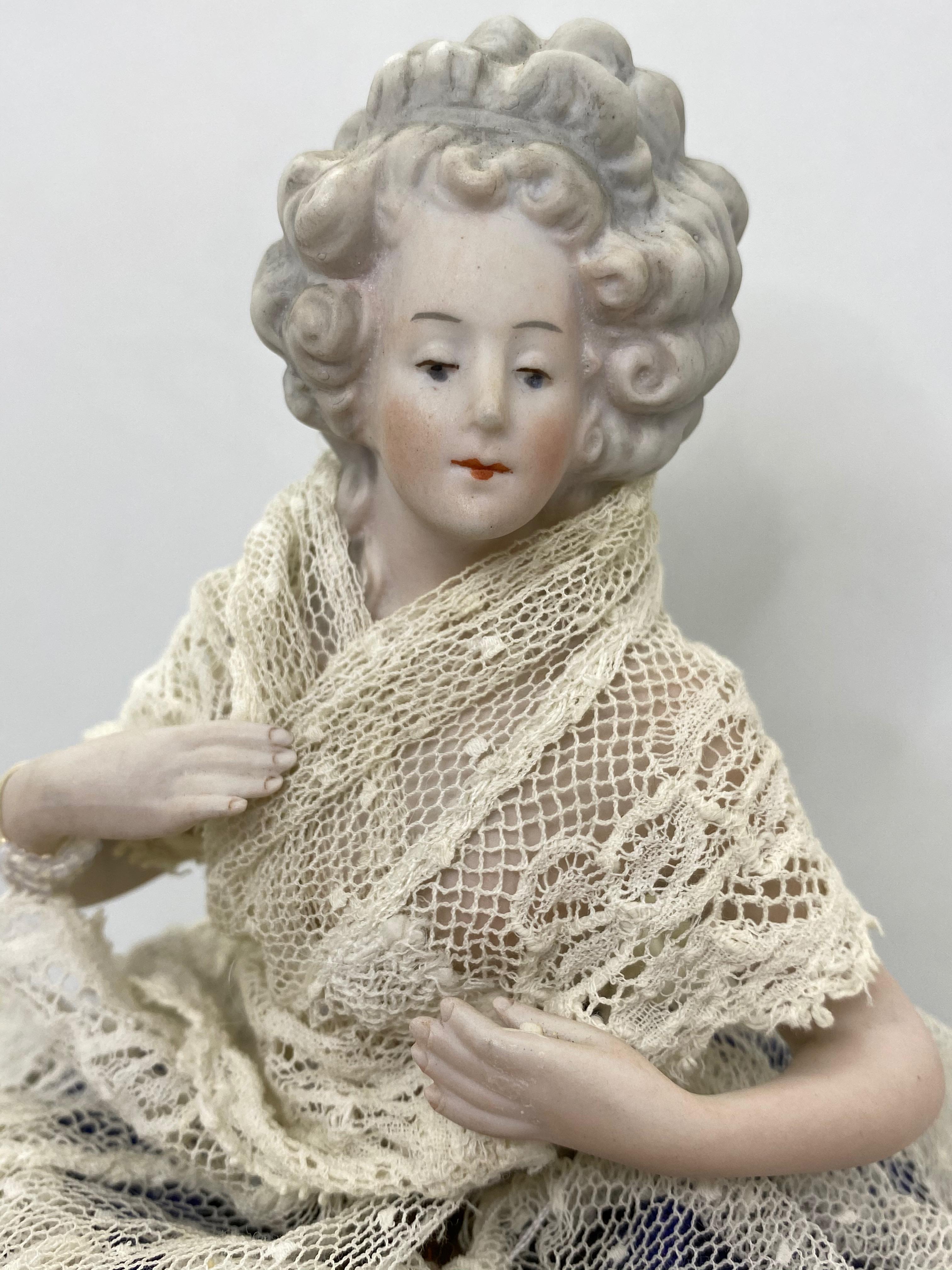 German Bisque Porcelain Half Doll with Original Wire Lace Skirt Antique, 1910s For Sale 2