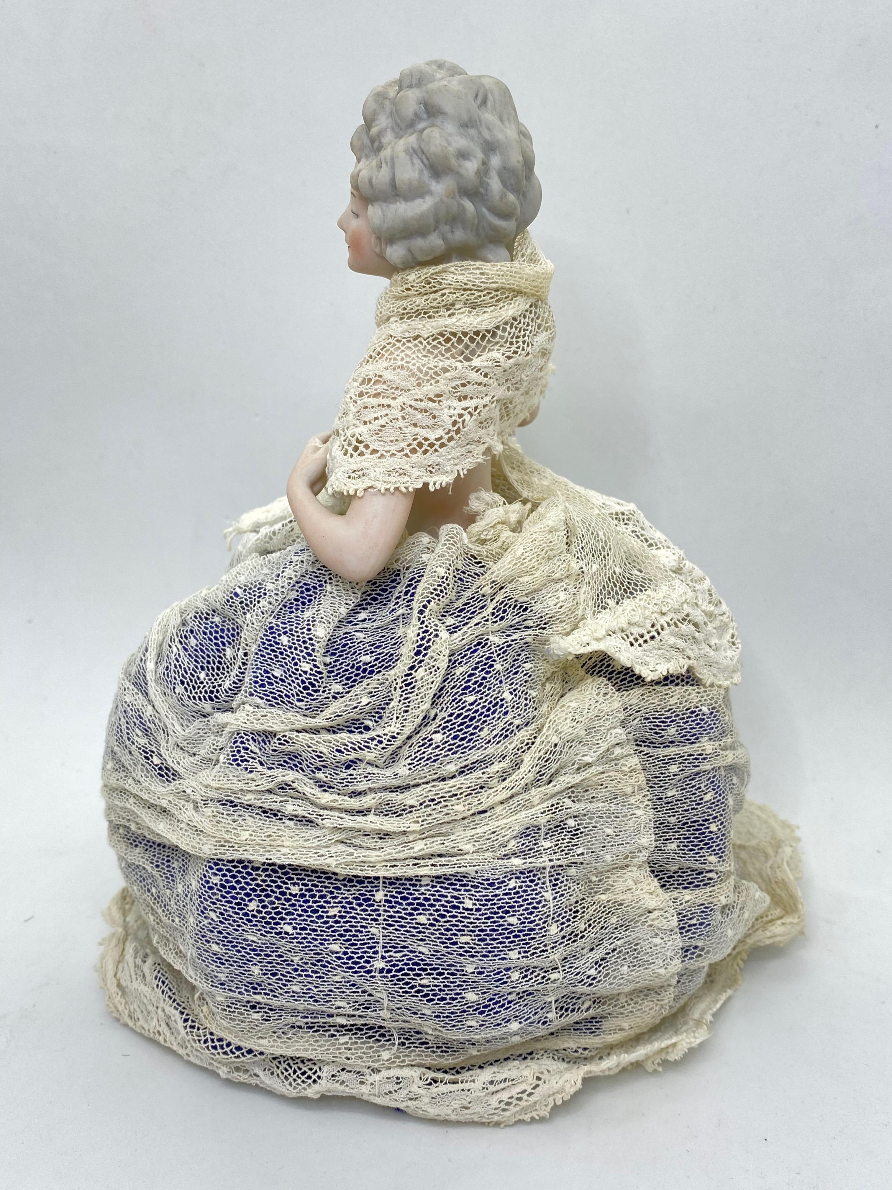 Hollywood Regency German Bisque Porcelain Half Doll with Original Wire Lace Skirt Antique, 1910s For Sale