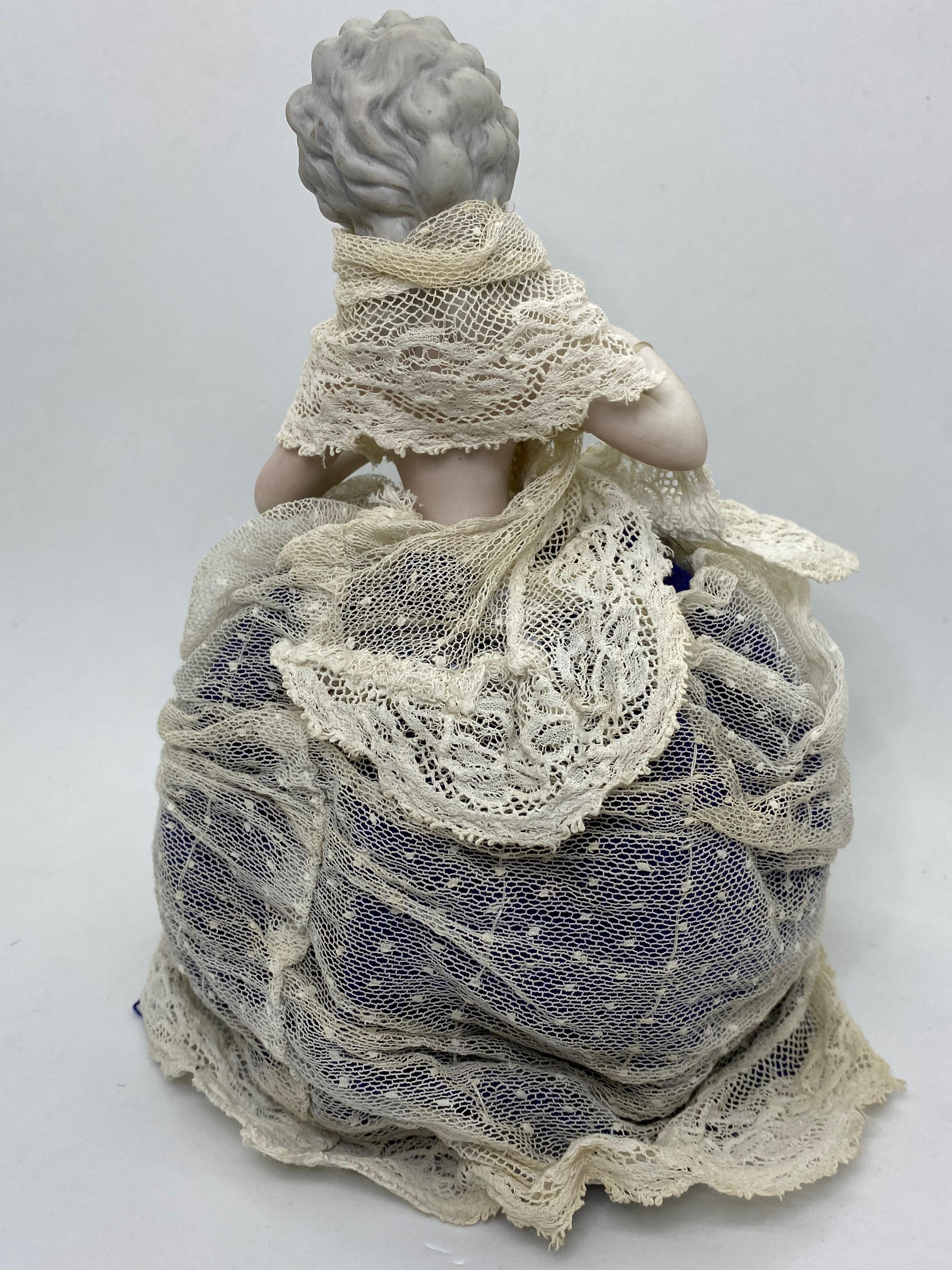 German Bisque Porcelain Half Doll with Original Wire Lace Skirt Antique, 1910s In Good Condition For Sale In Nuernberg, DE