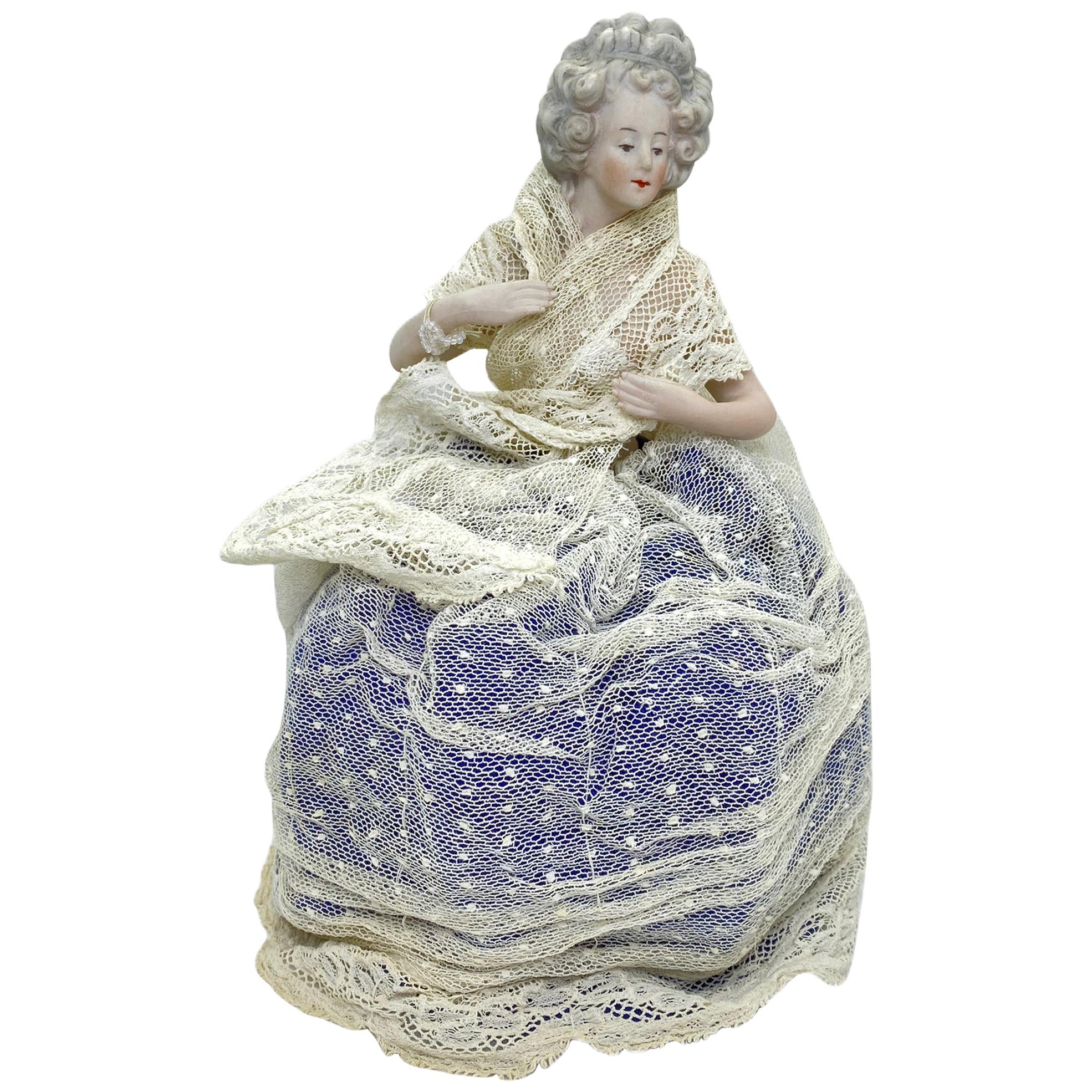 German Bisque Porcelain Half Doll with Original Wire Lace Skirt Antique, 1910s For Sale