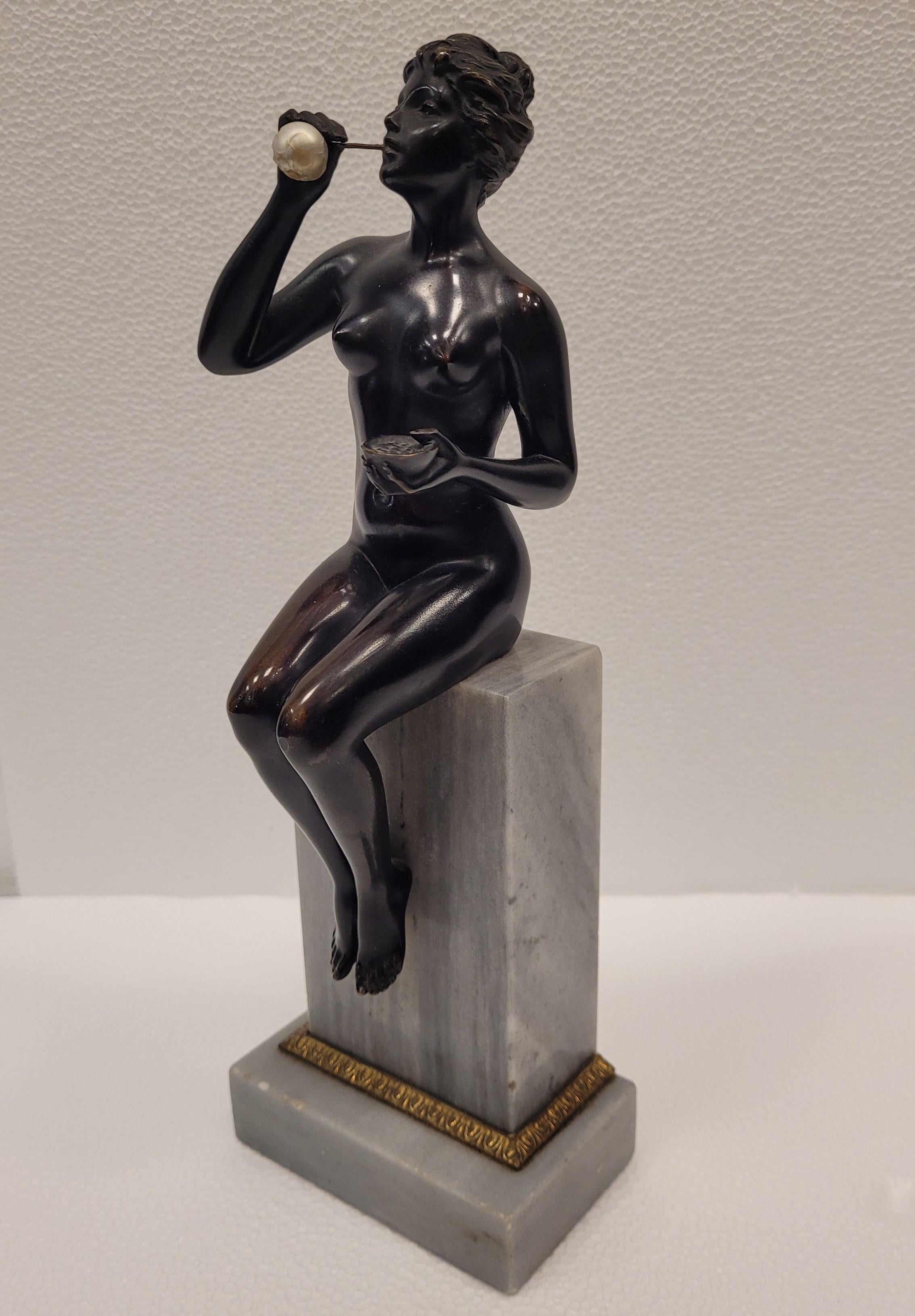German Black Bronze white marble Art Nouveau sculpture, woman blowing bubles For Sale 13