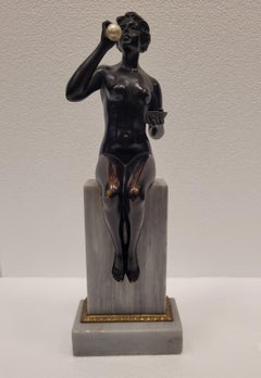 German Black Bronze white marble Art Nouveau sculpture, woman blowing bubles