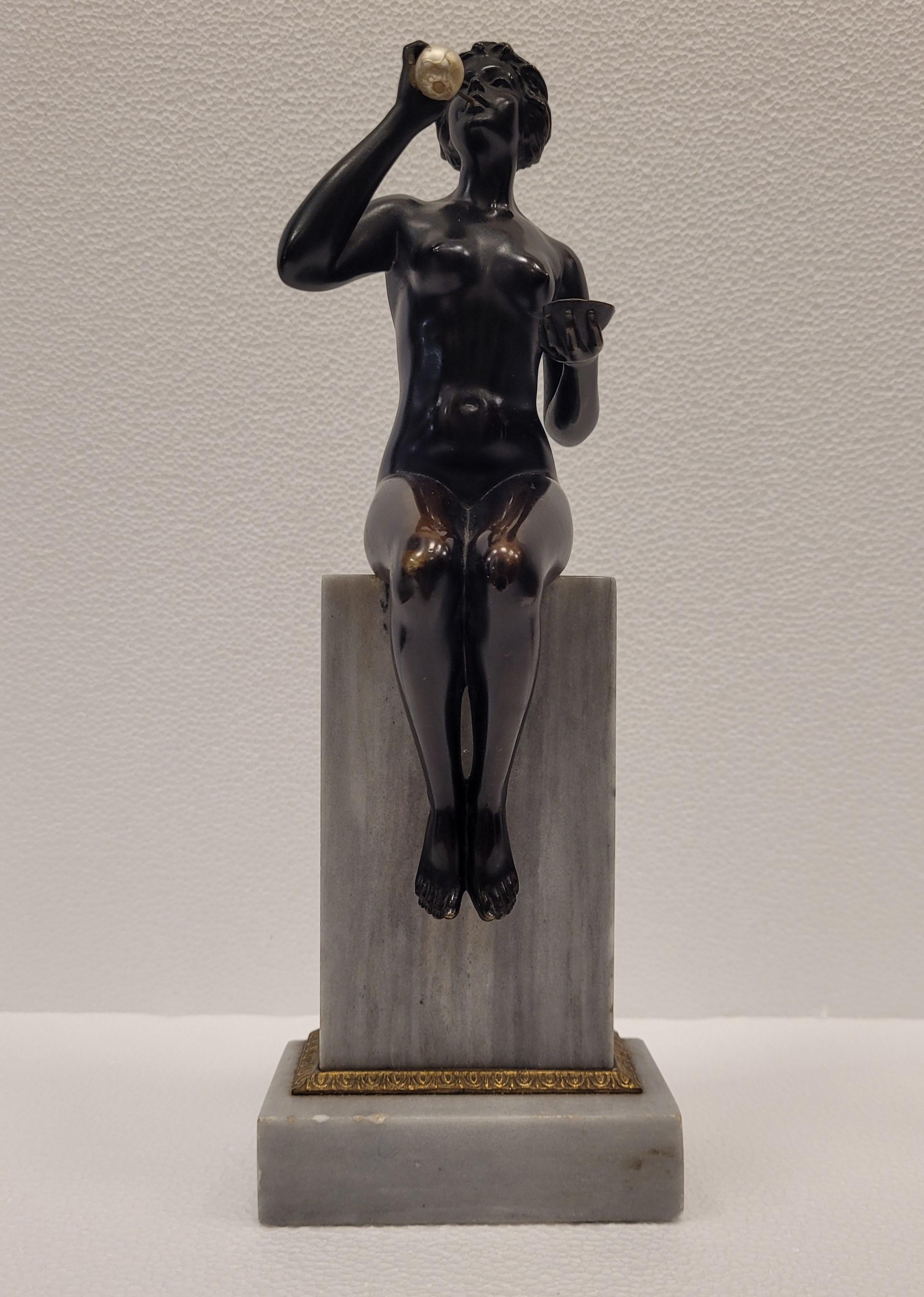 Hand-Crafted German Black Bronze white marble Art Nouveau sculpture, woman blowing bubles For Sale