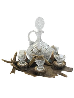 German Black Forest Antler Tray with Decanter and Glasses, 1910s